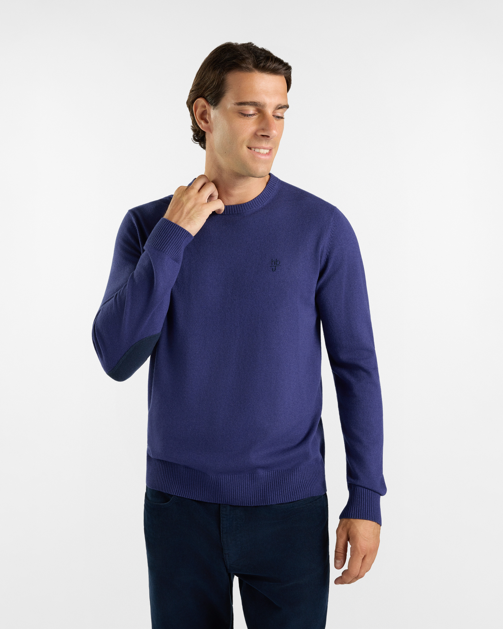 Maglia HBJ Uomo in punto cardato con toppe, girocollo in misto lana e cashmere, BLU, large