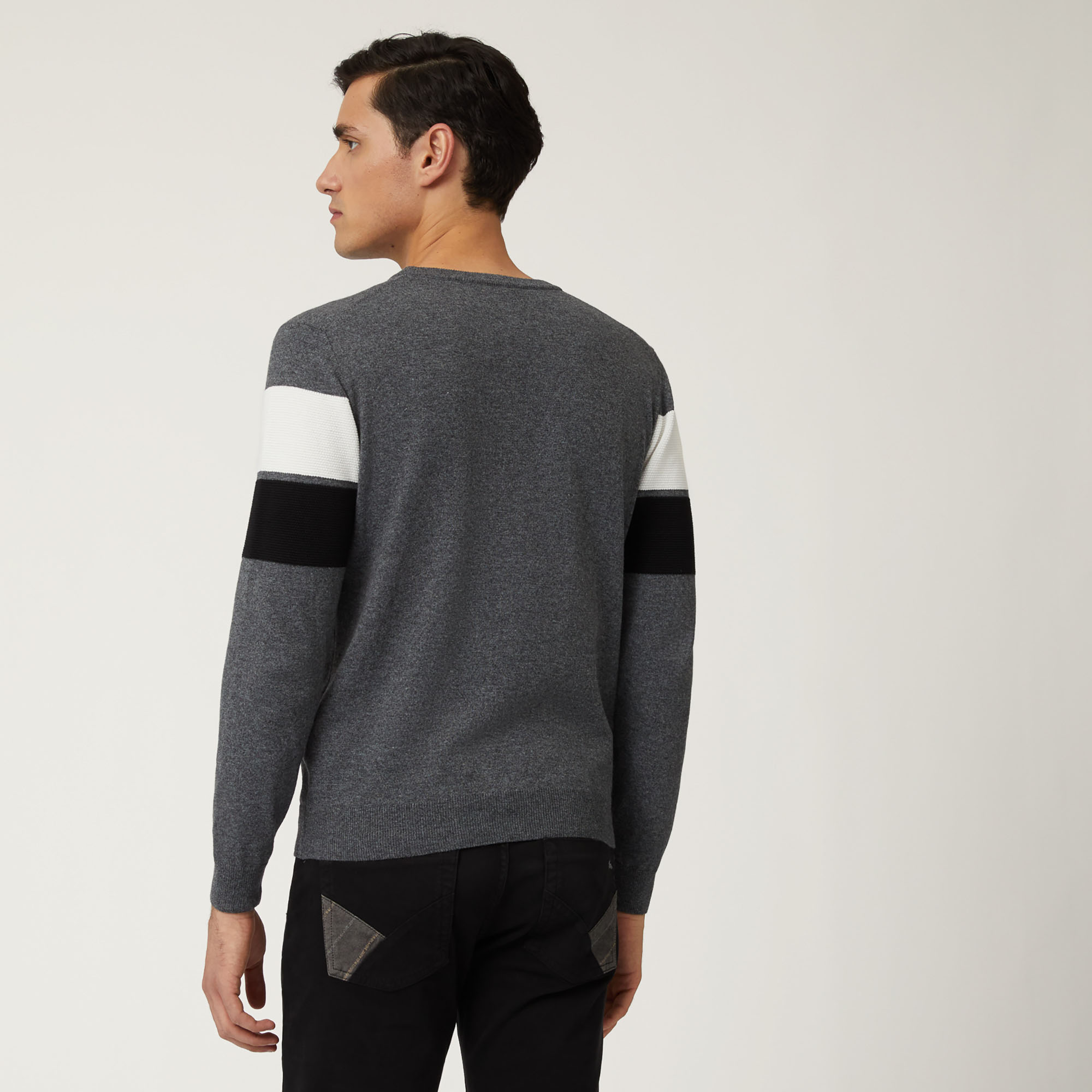 Crew-Neck Pullover With Color-Block Bands, Gray, large image number 1