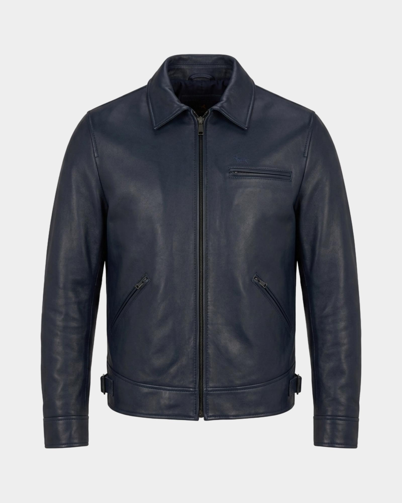 Men's Made in Italy bomber jacket in genuine leather with shirt-style collar Made in Italy, NAVY BLUE, large