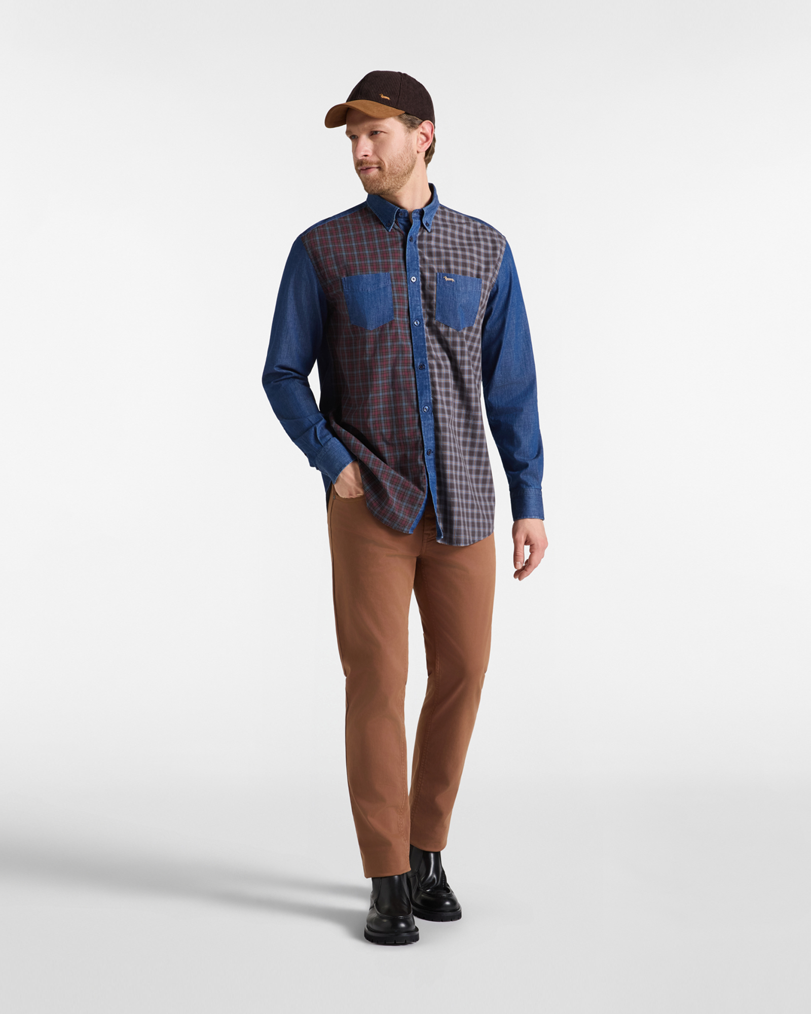 Camisa de hombre en denim con la parte delantera a cuadros de corte cl&aacute;sico, AZUL DENIM, large