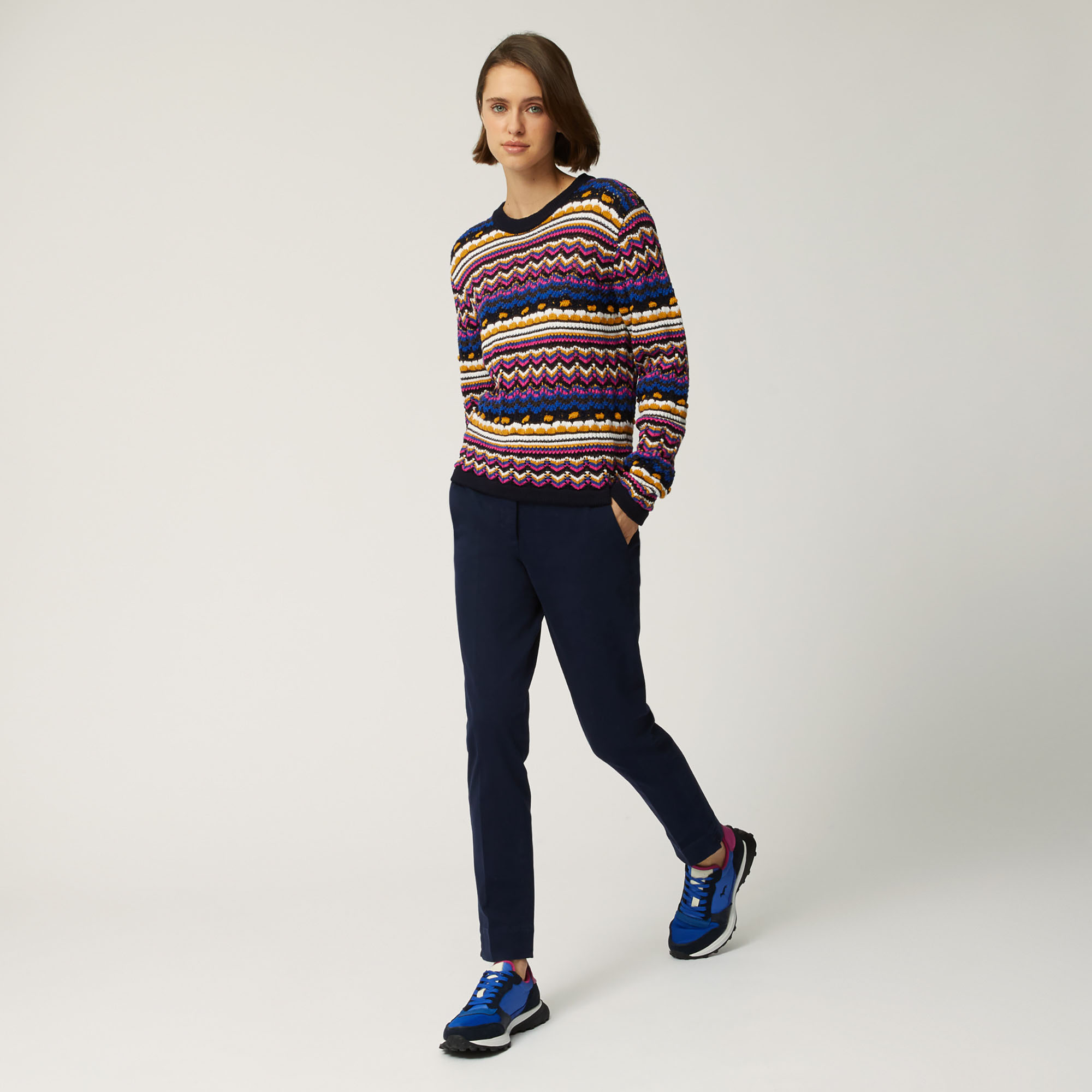 Pullover Girocollo In Lana Con Fantasia Multicolor, Blu Navy, large image number 3