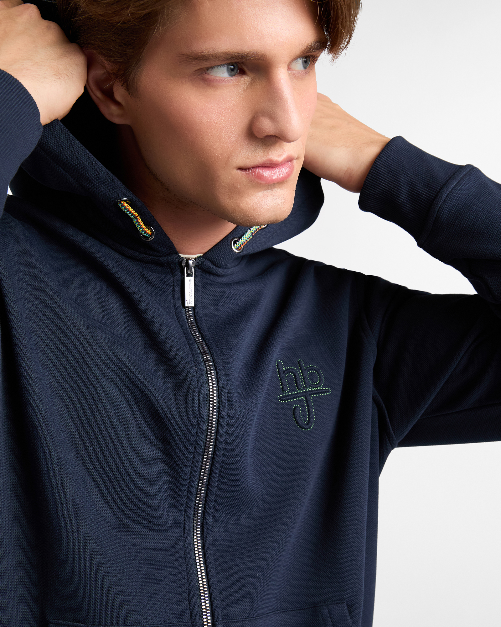 Full-Zip Hoodie in Brushed Piquet, Dark Blue, large image number 2