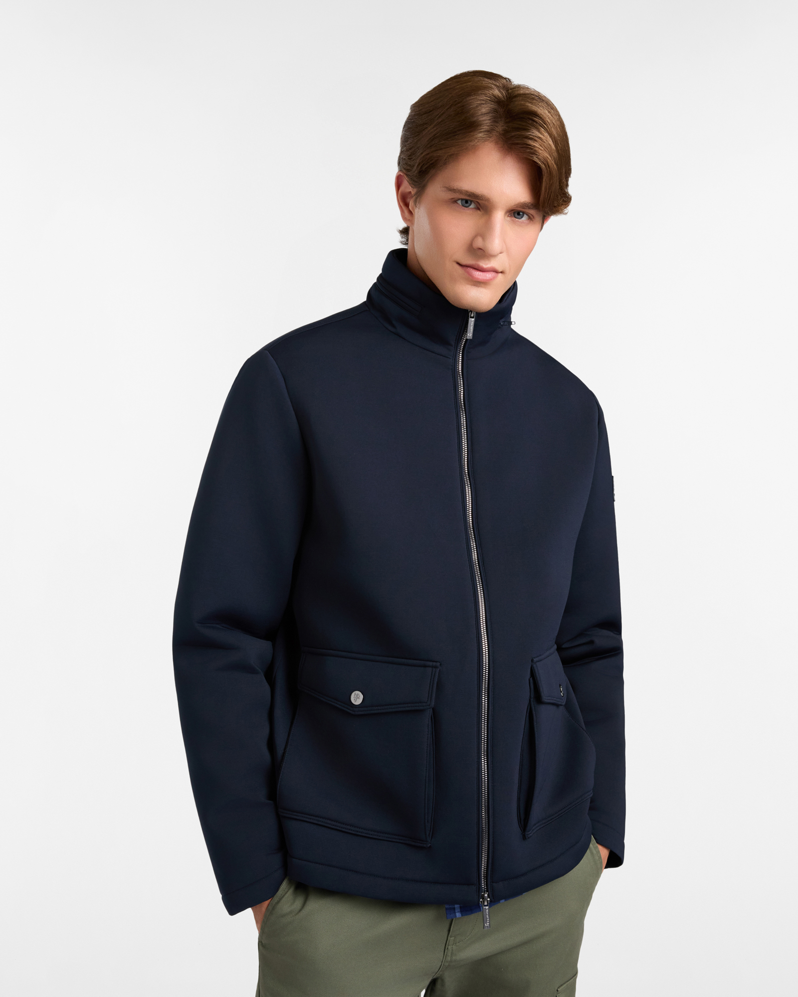 Technical Jacket with High Collar and Multi-Pocket Design
