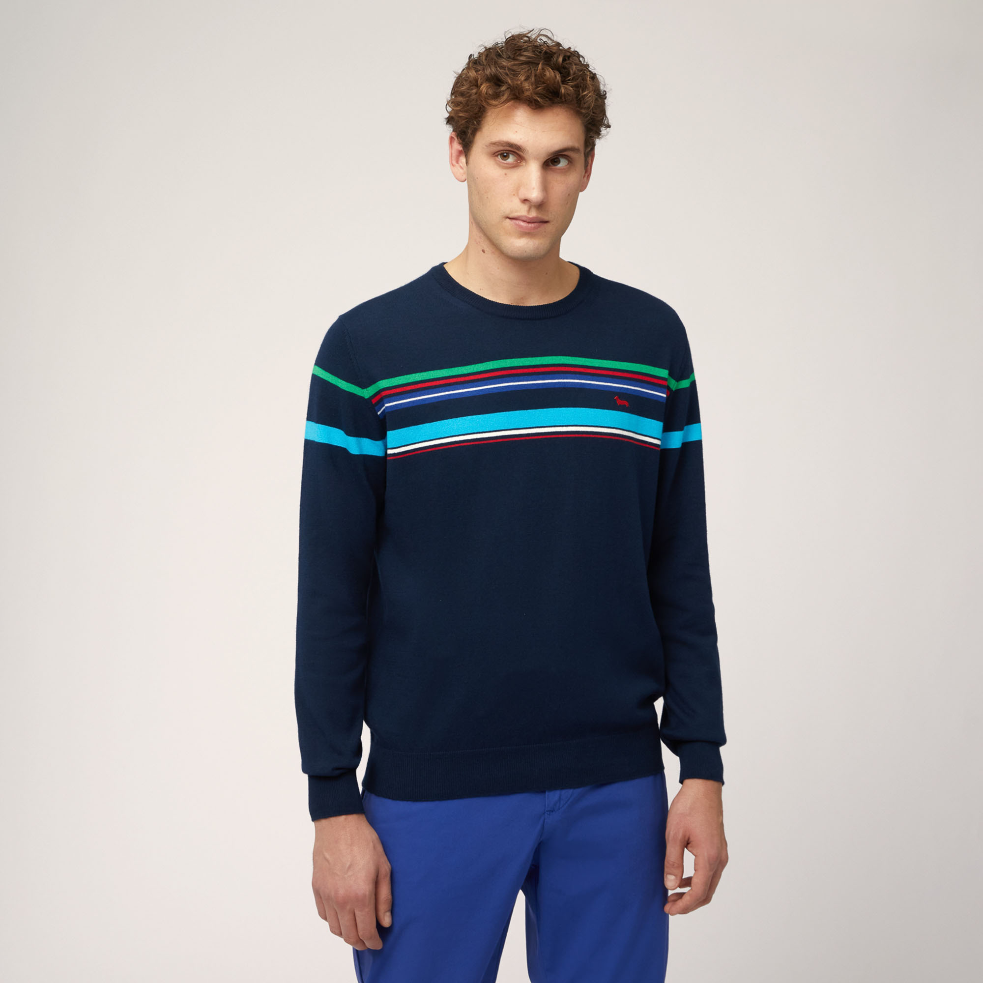 Jersey de algodón orgánico con cuello redondo y rayas con bloques de colores, Azul Noche, large