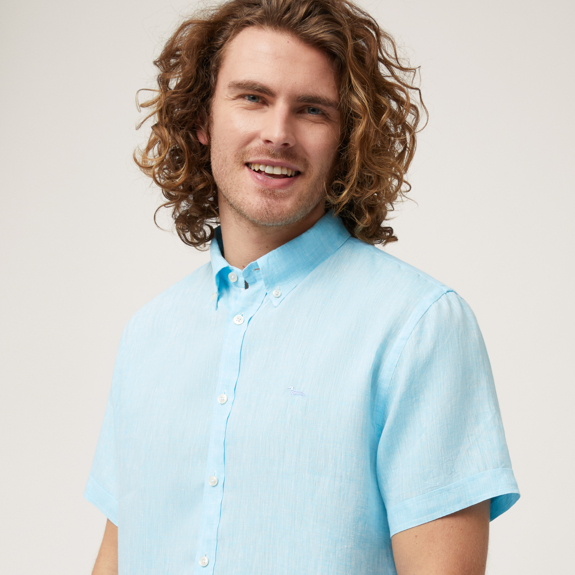 Linen Short-Sleeved Shirt, Turquoise Melange, large image number 2
