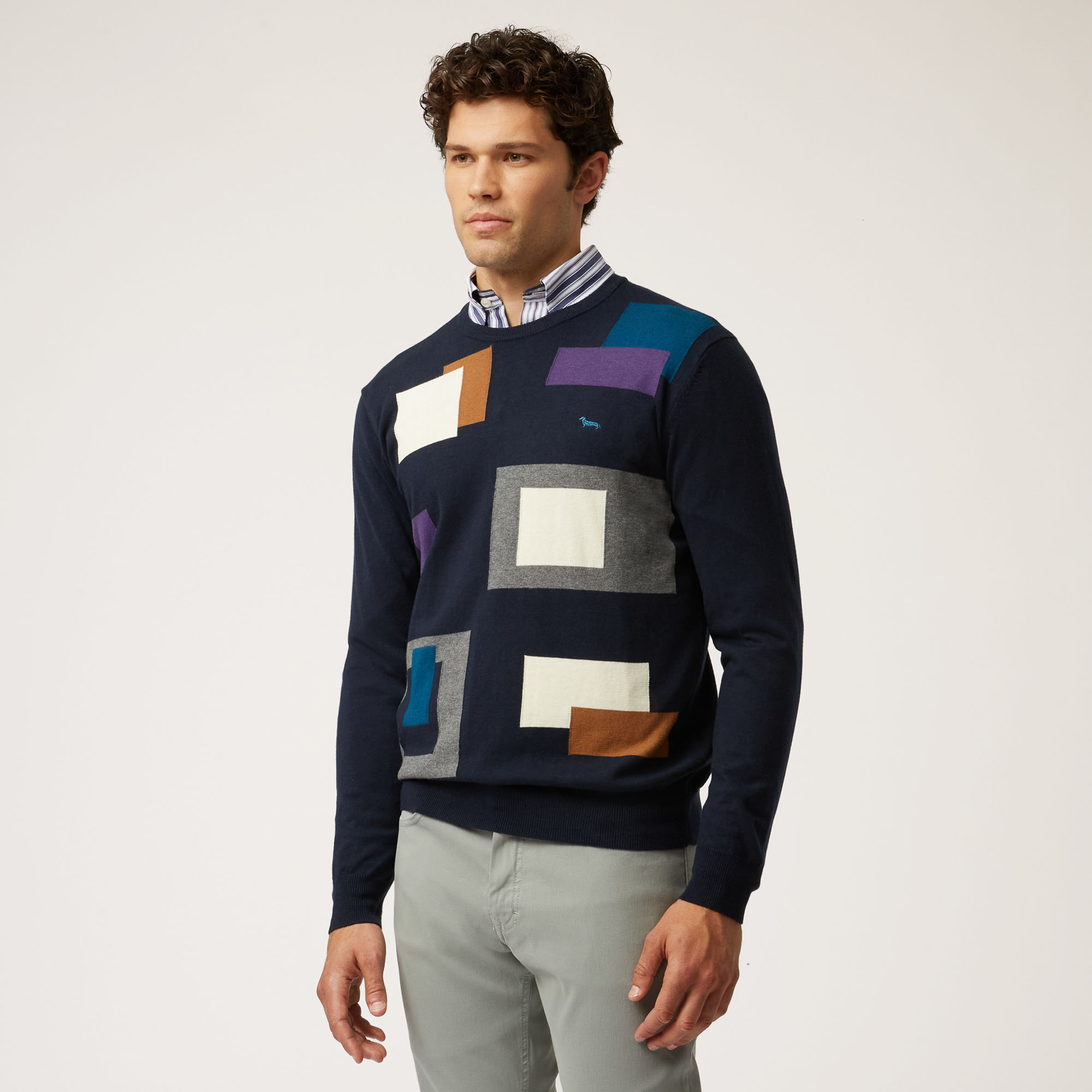 Wool And Cotton Crew-Neck Pullover With Geometric Details, Blue, large