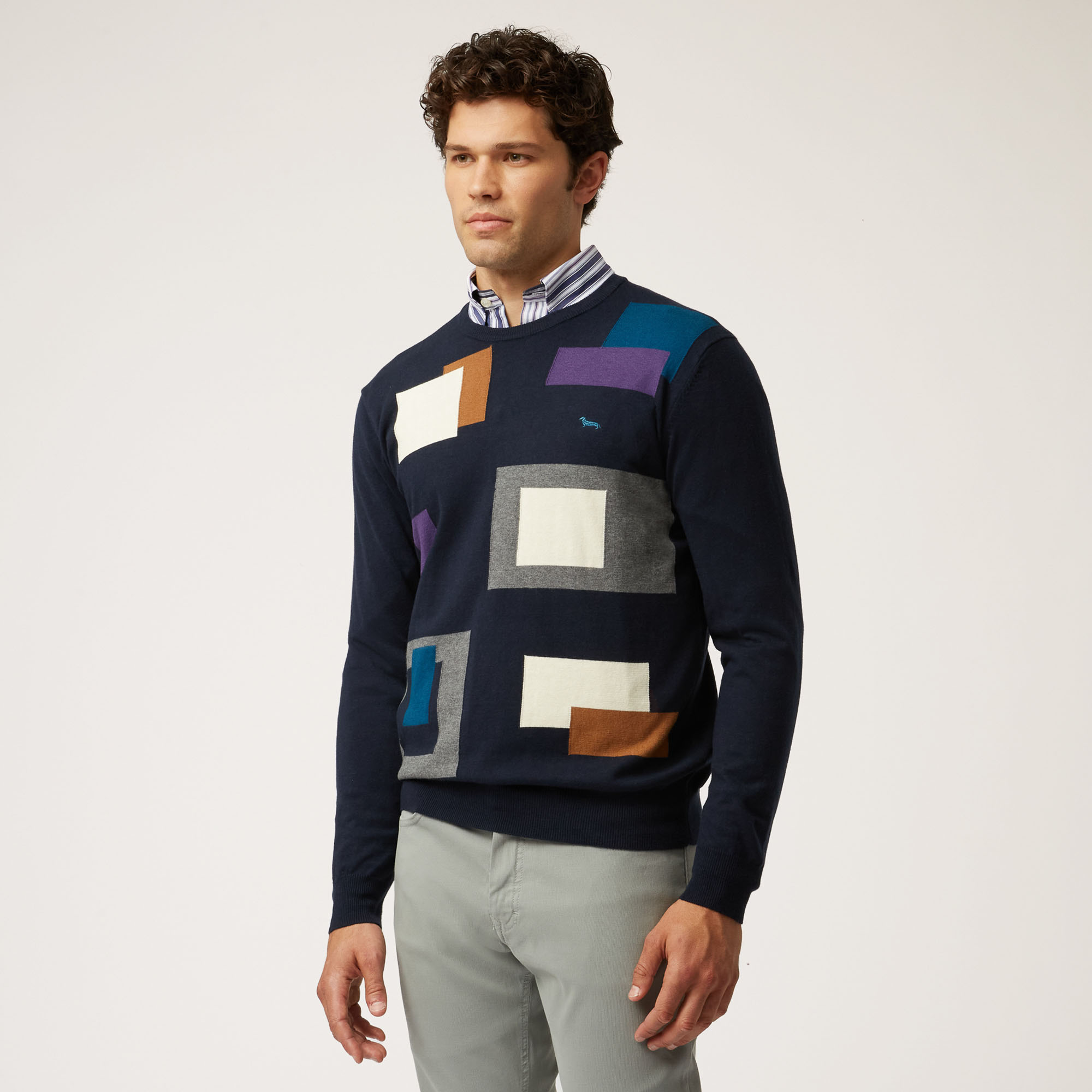 Pullover Girocollo In Lana E Cotone Con Dettagli Geometrici, Blu Navy, large image number 0