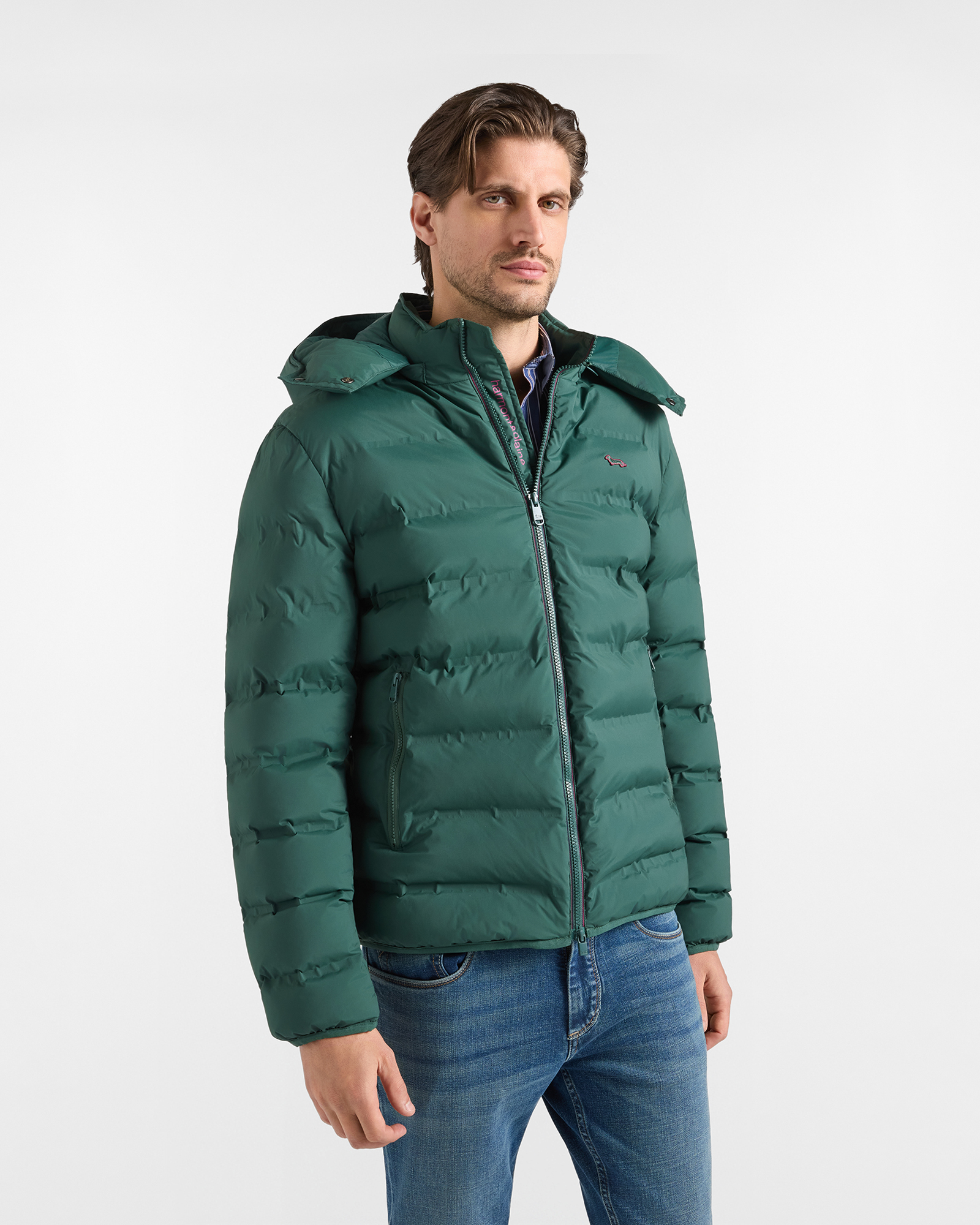 Men&rsquo;s Padded Bomber Jacket in Stretch Technical Nylon &ndash; Bottle Green