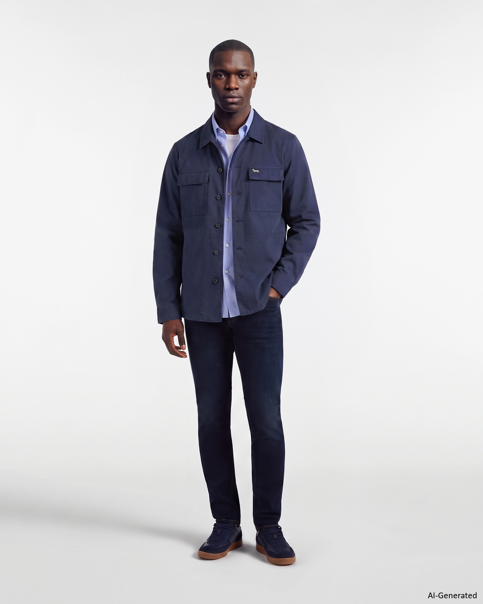 Overshirt Uomo tinto capo con tasche raso Over Fit, BLU NAVY, large