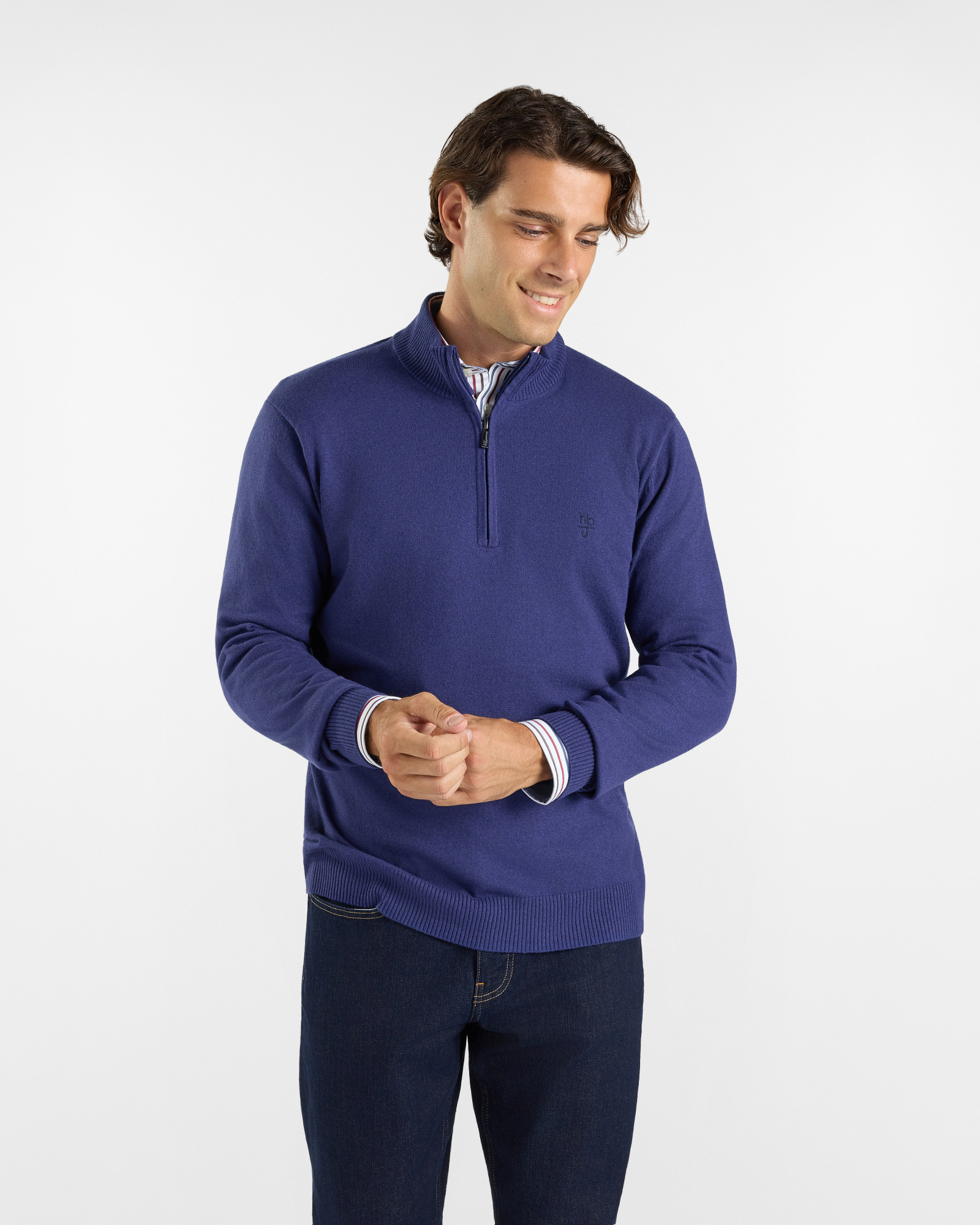 Maglia HBJ Uomo in Punto Cardato Half-Zip in Misto Lana e Cashmere, BLU, large