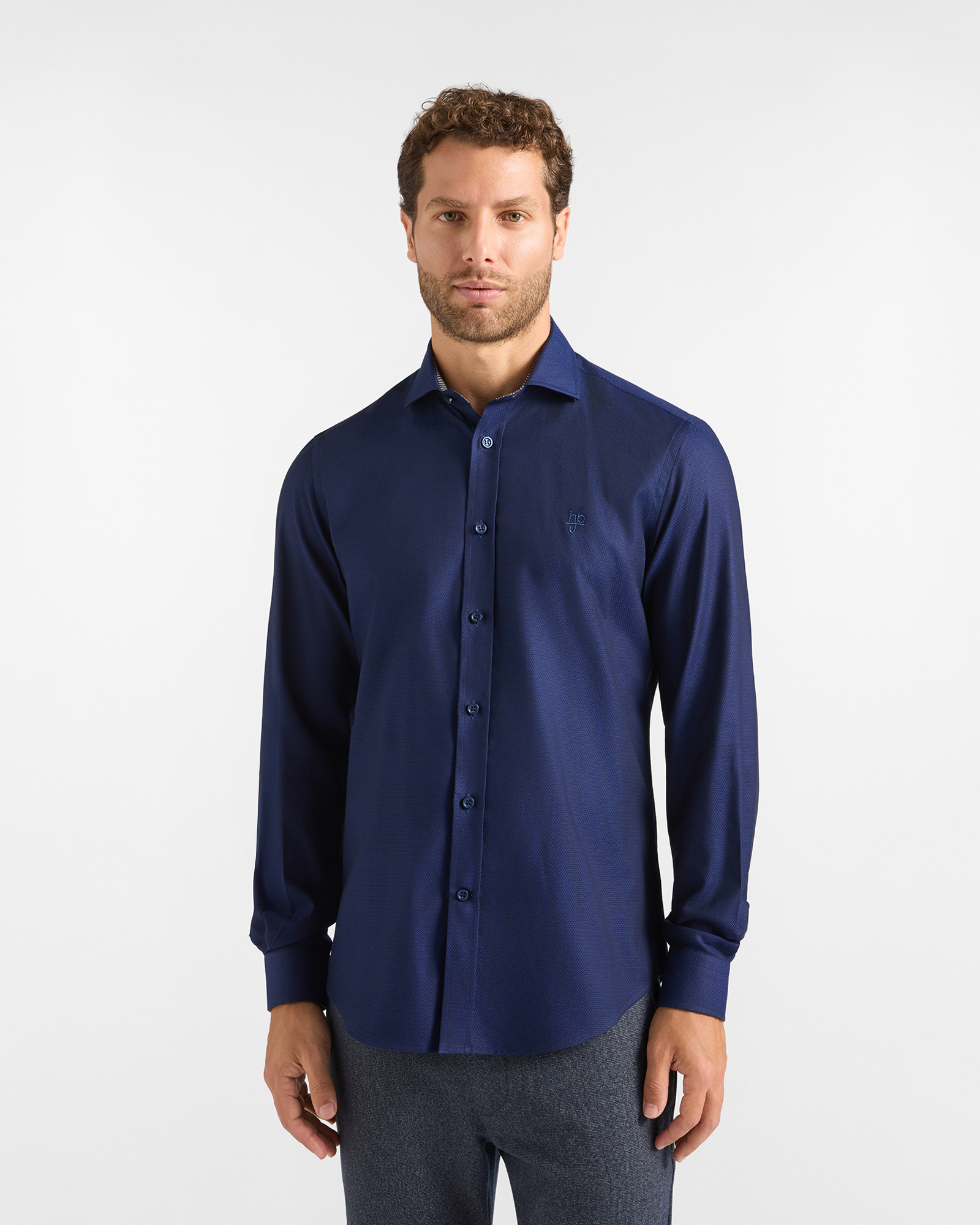 HBJ Men&rsquo;s Narrow Fit Shirt in pure dark blue cotton with a French collar