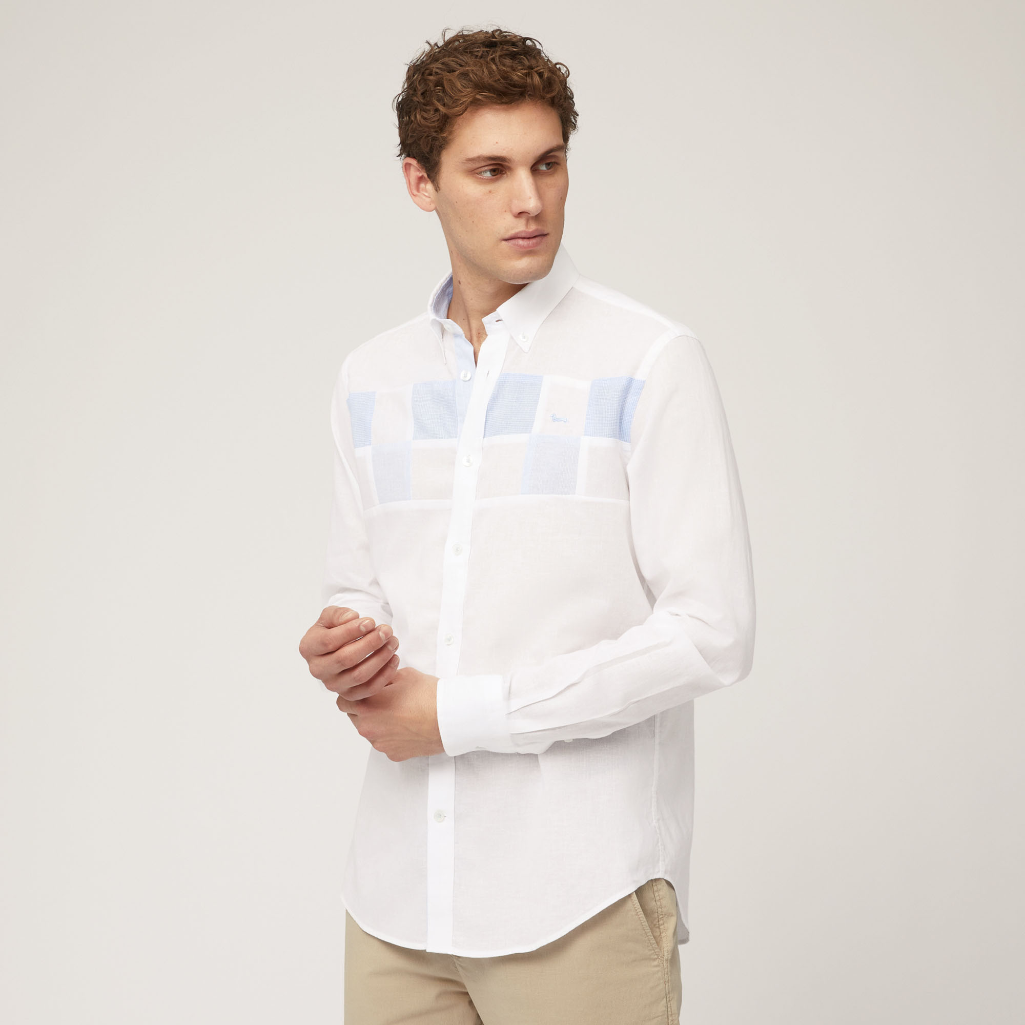Camicia In Lino E Cotone Con Riquadri A Contrasto, Bianco, large image number 0