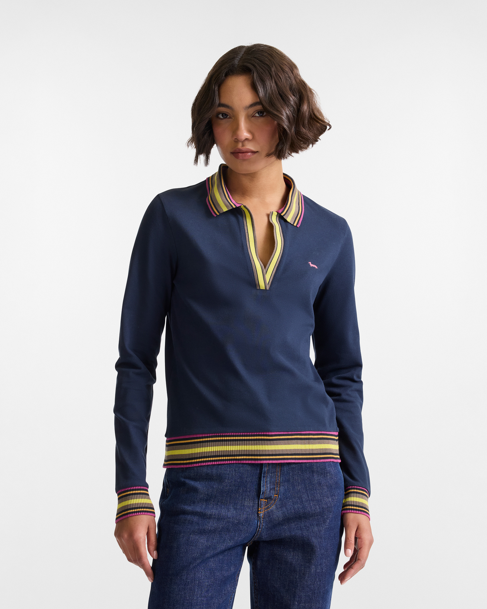 Long Sleeve Stretch Polo, Navy Blue, large