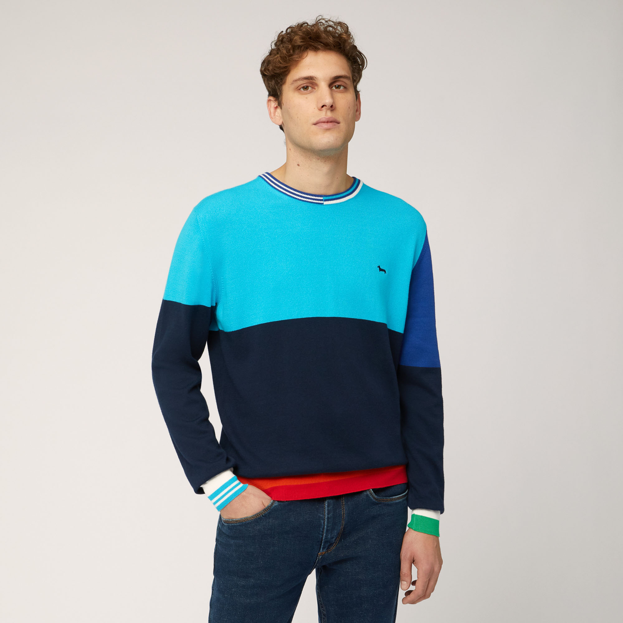 Organic Cotton Crew Neck Pullover with Color Block Design, Night Blue, large image number 0