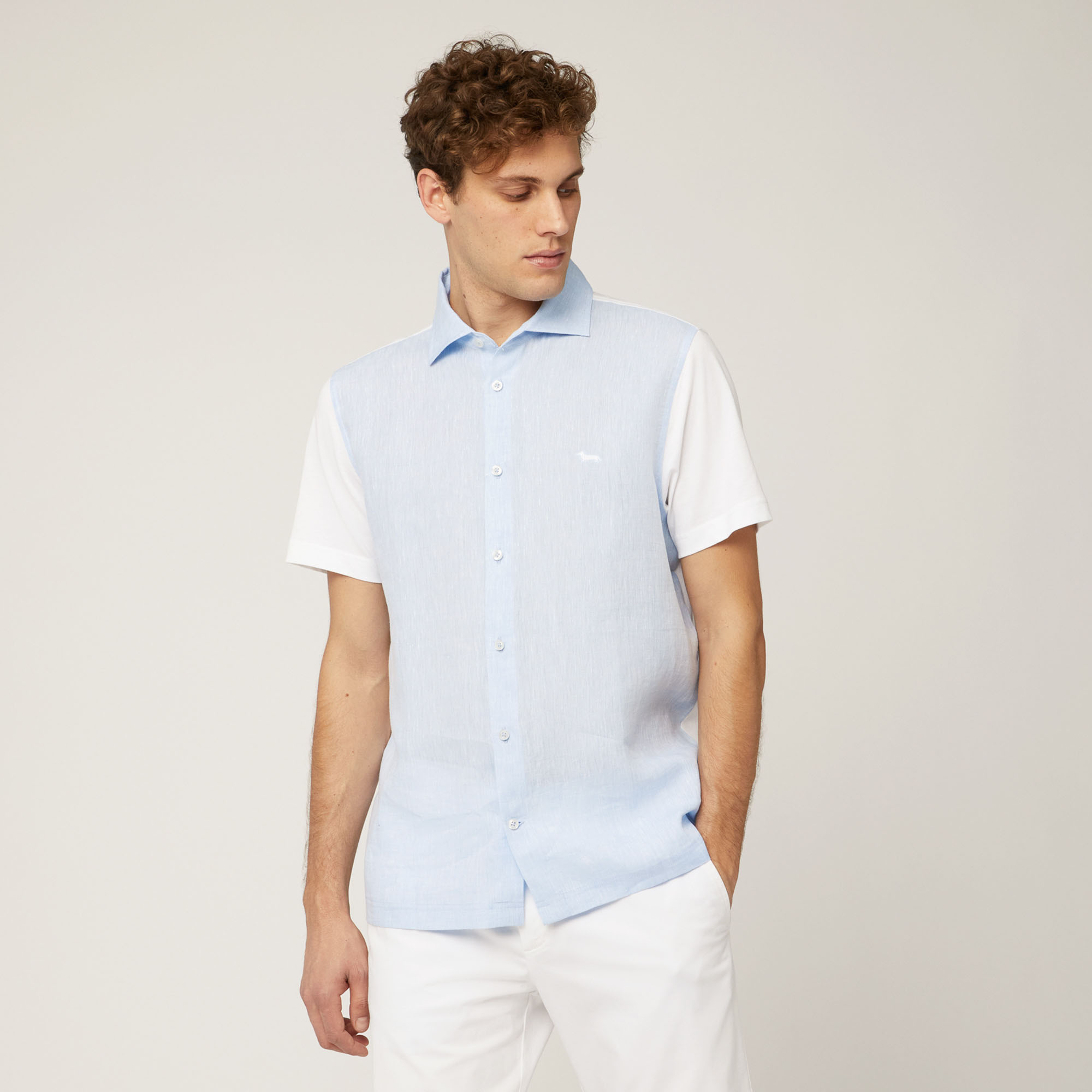 Polo Camicia In Cotone E Lino, Bianco, large