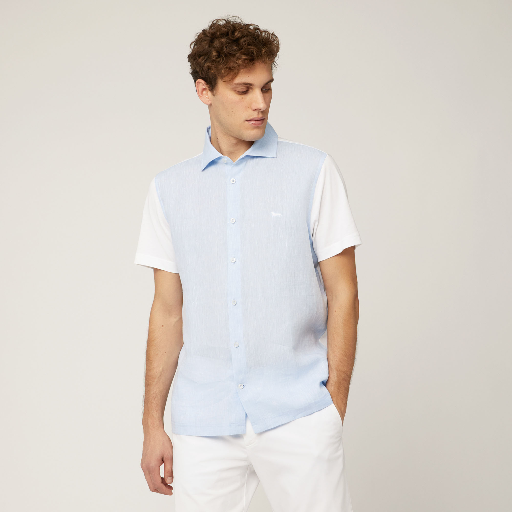 Polo Camicia In Cotone E Lino, Bianco, large image number 0