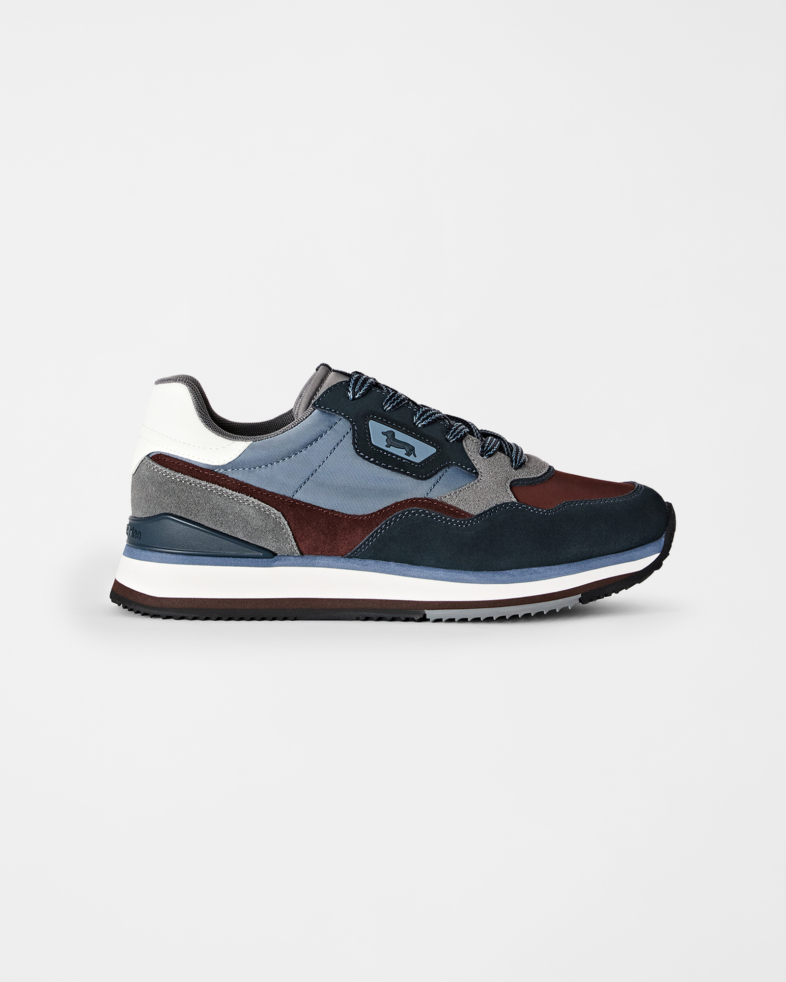 Men's running sneakers in three-tone suede and three-tone technical fabric, BLUE - BROWN, large