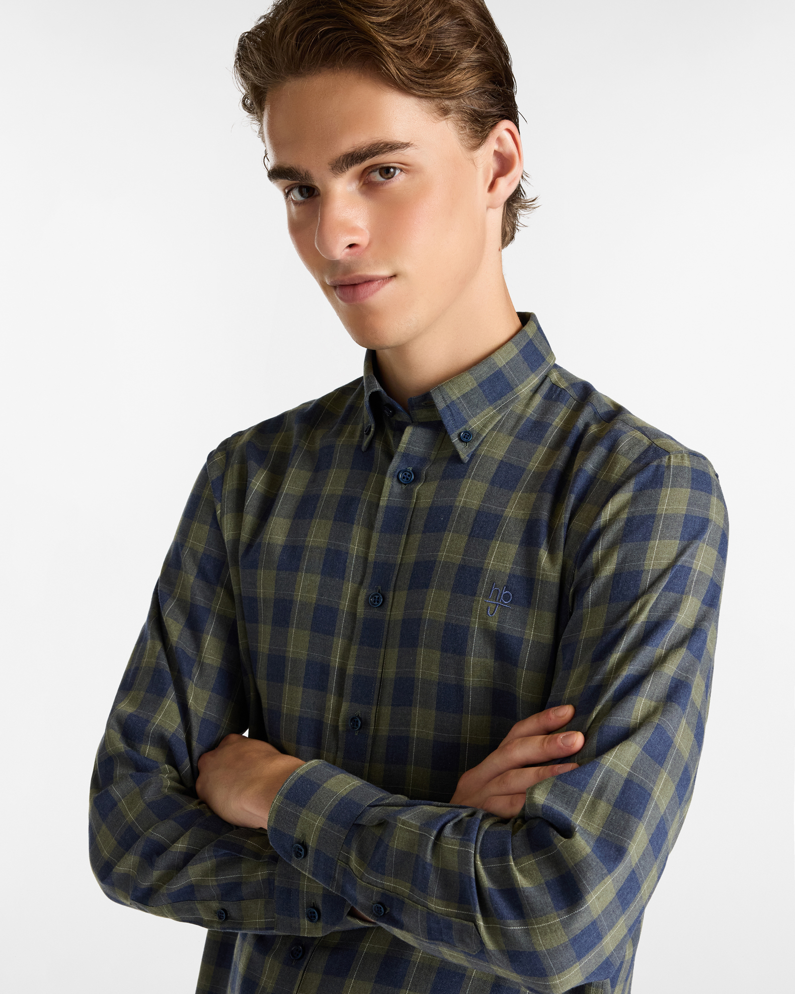 Plaid Cotton Shirt, Olive Green, large image number 2