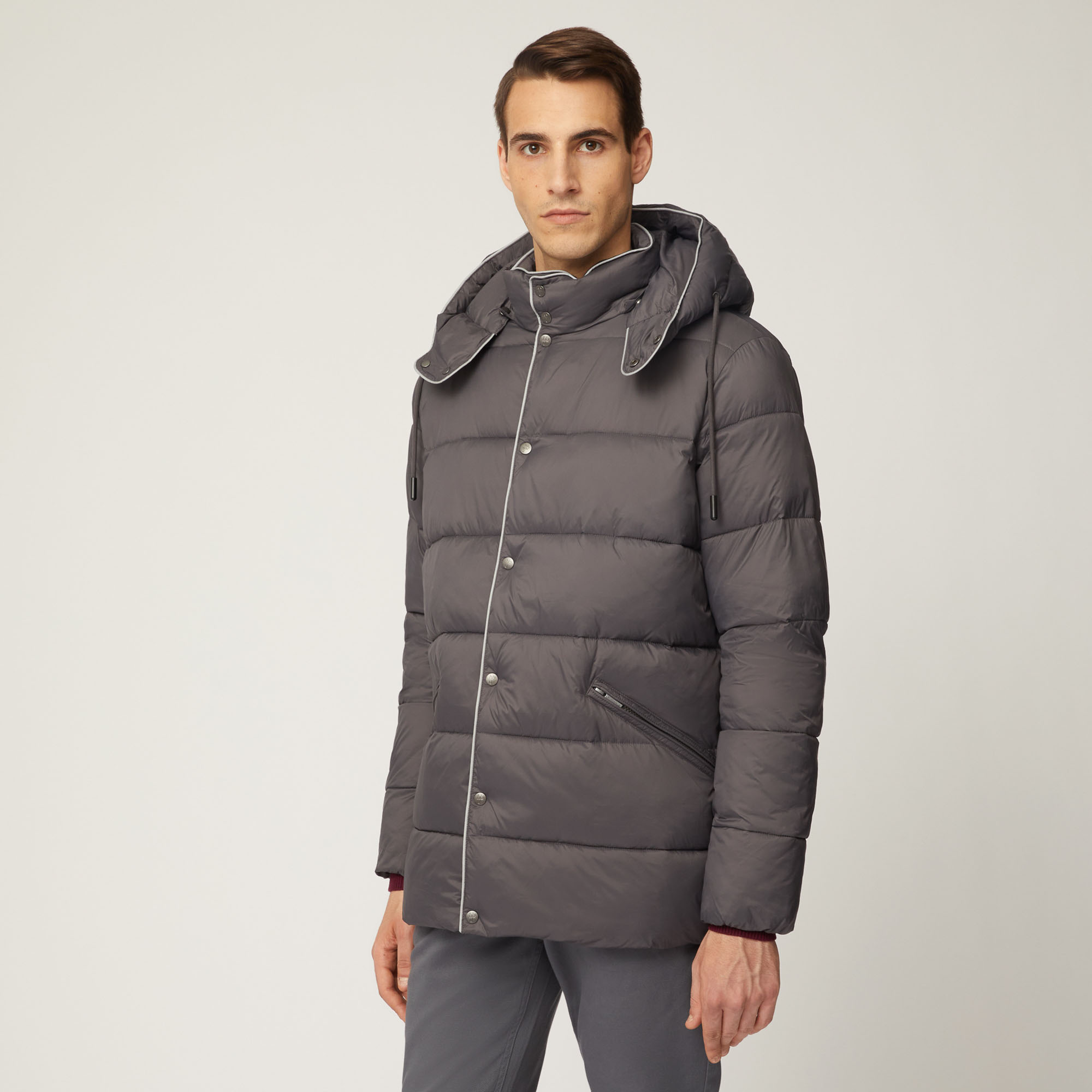 Giubbotto Dritto Con Cappuccio E Piping A Contrasto, Grigio, large image number 0