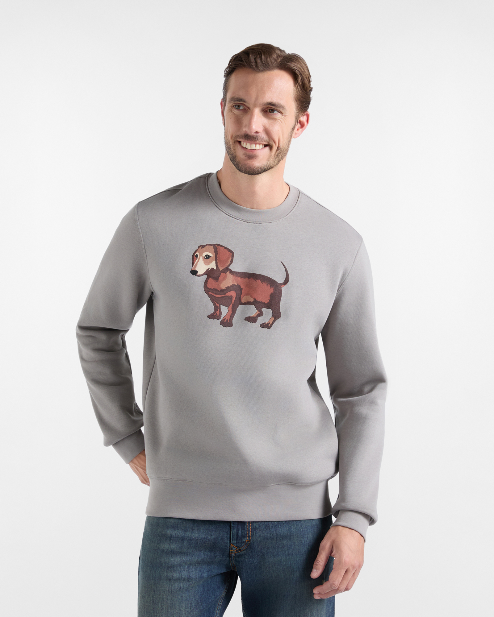 Men&rsquo;s brushed crew-neck sweatshirt with large grey dachshund print from the Blaine capsule collection