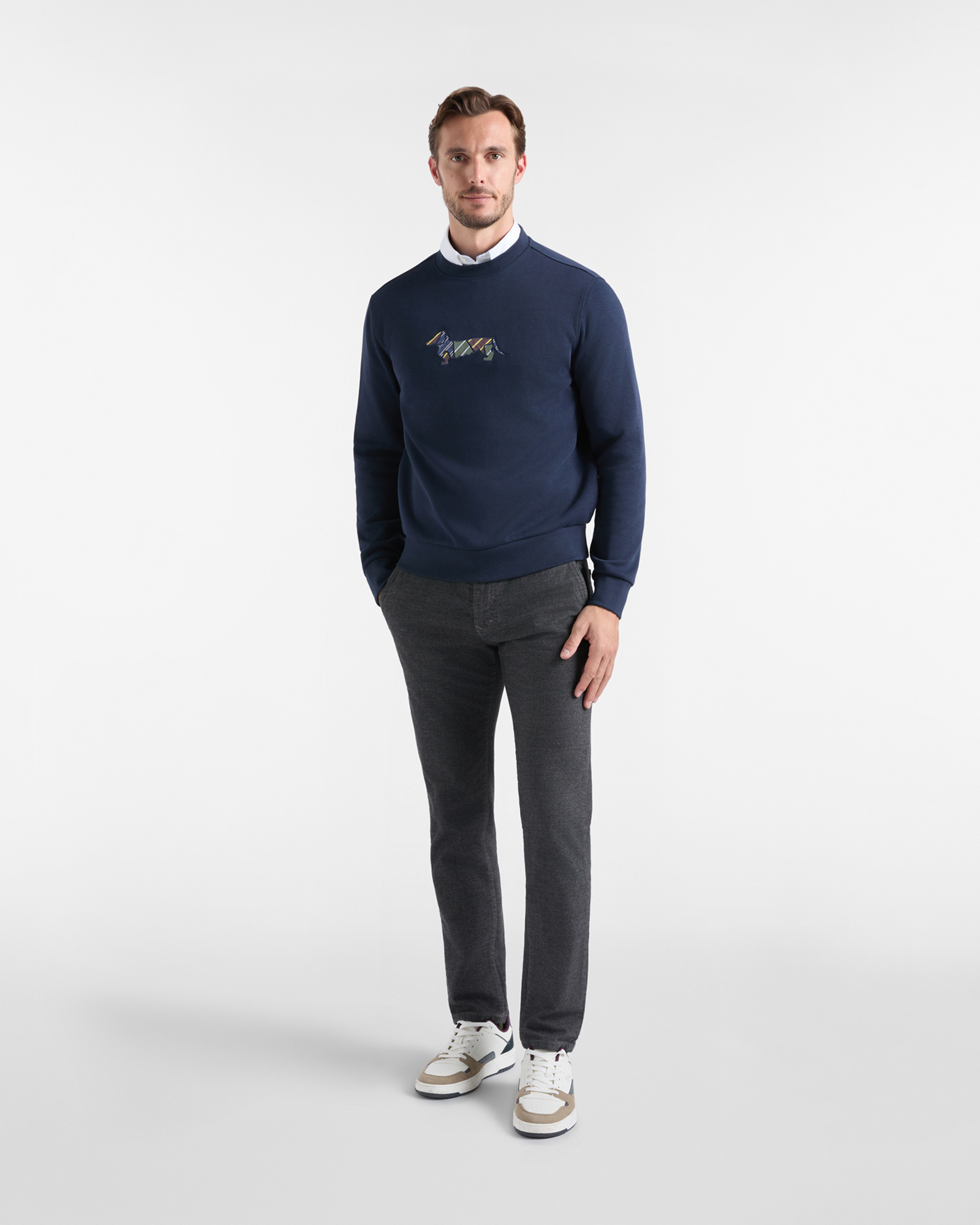 Men's blue ribbed cotton crewneck sweatshirt with regimental patch, NAVY BLUE, large image number 3