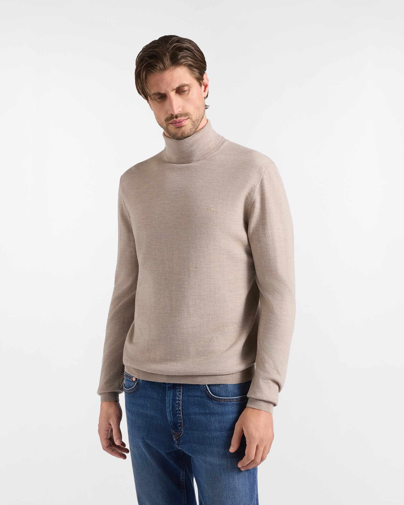 Men's Made in Italy turtleneck sweater in beige 100% pure wool with regular fit