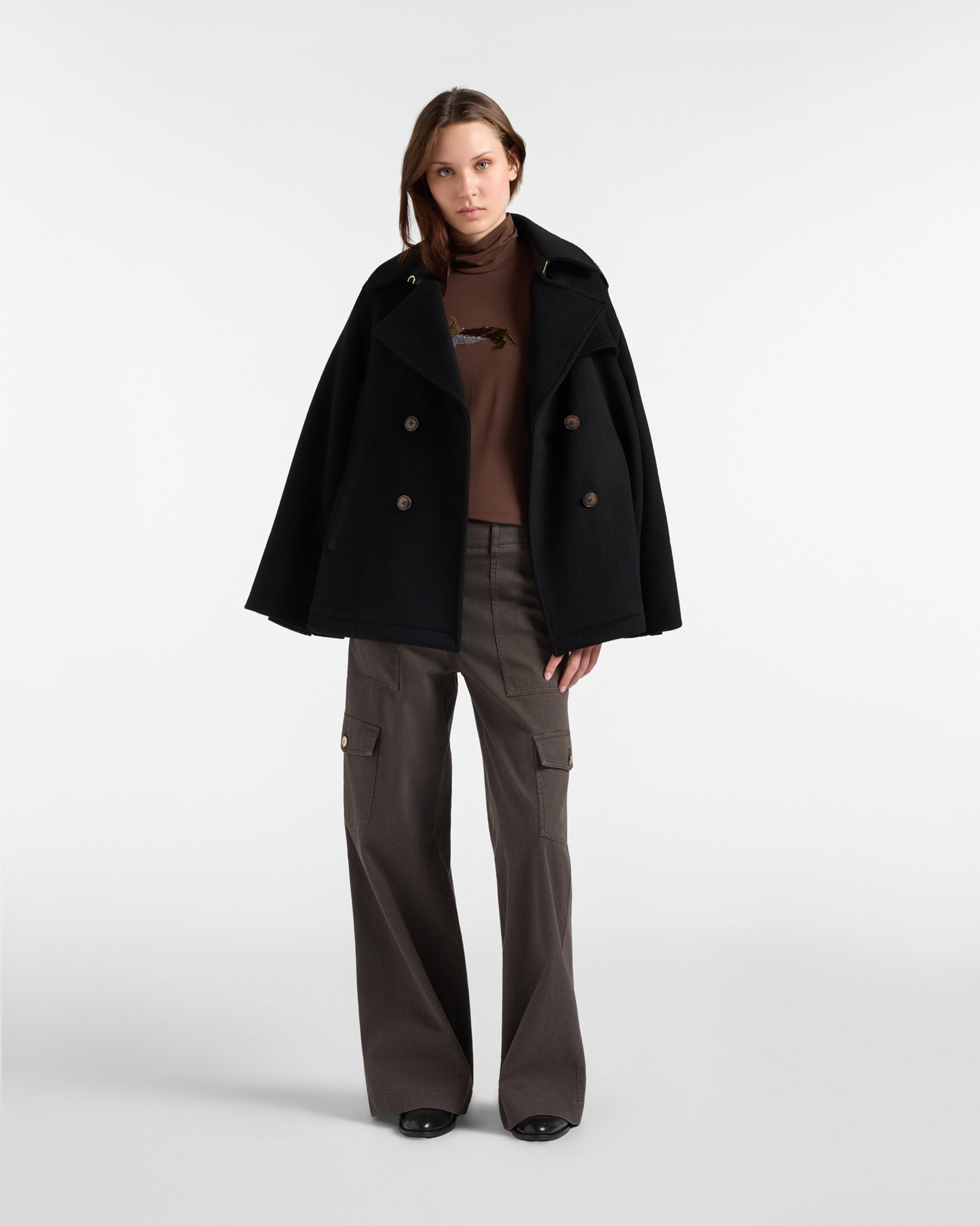 Women&rsquo;s Stretch Modal Turtleneck T-shirt with Sequinned Dachshund, DARK BROWN, large