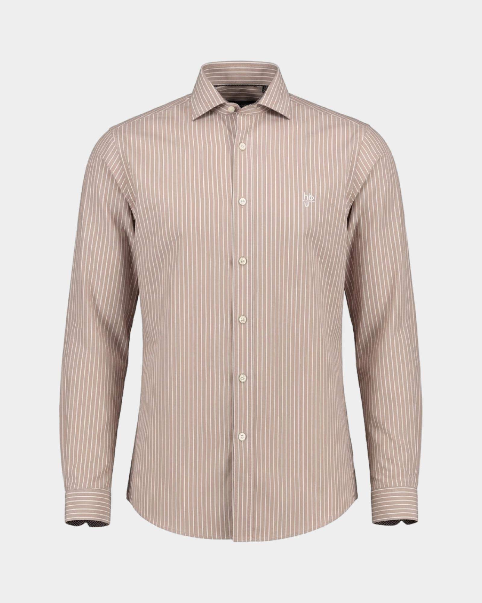 Camicia HBJ Uomo Narrow Fit in cotone stretch a righe con collo French, BEIGE, large