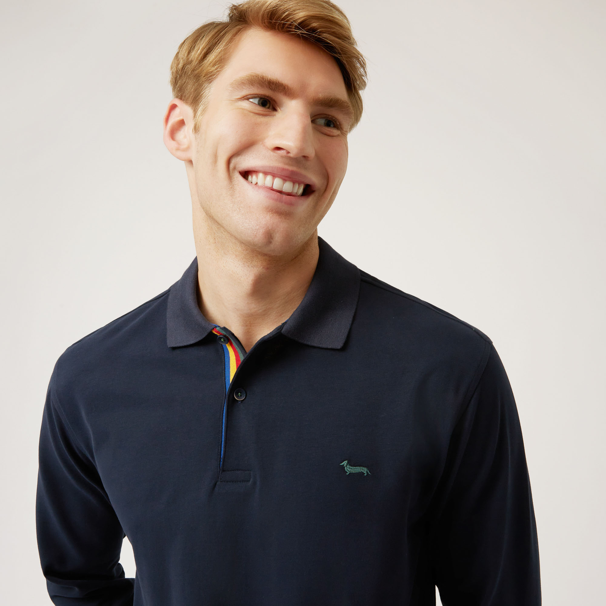 Long-Sleeved Cotton Polo Shirt With Contrasting Detail, Blue, large image number 2