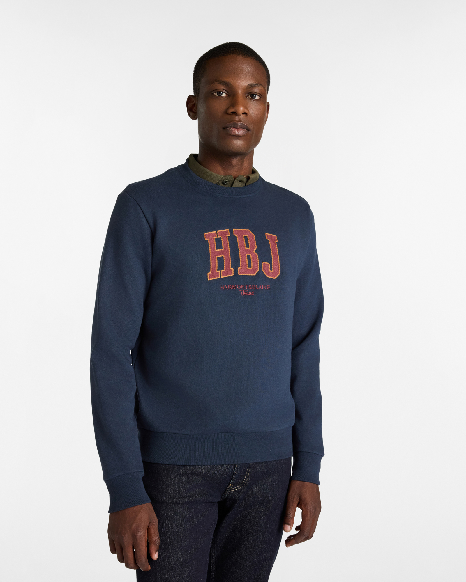 Crewneck Sweatshirt with Embroidered HBJ Logo, Dark Blue, large