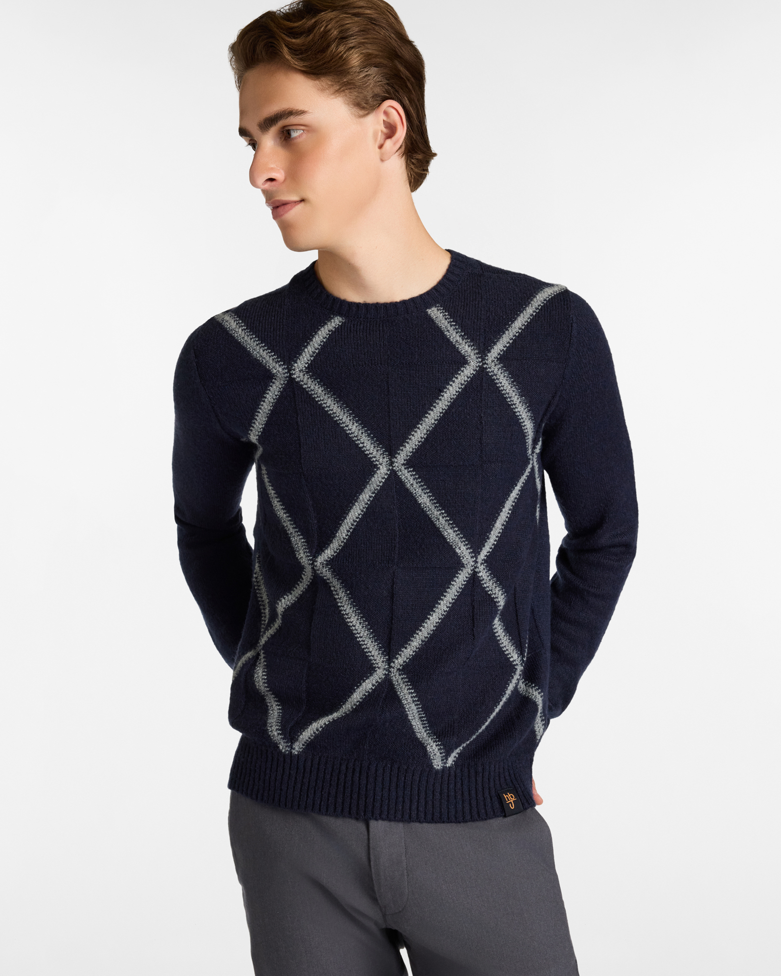 Crewneck Sweater with Argyle Pattern, Dark Blue, large