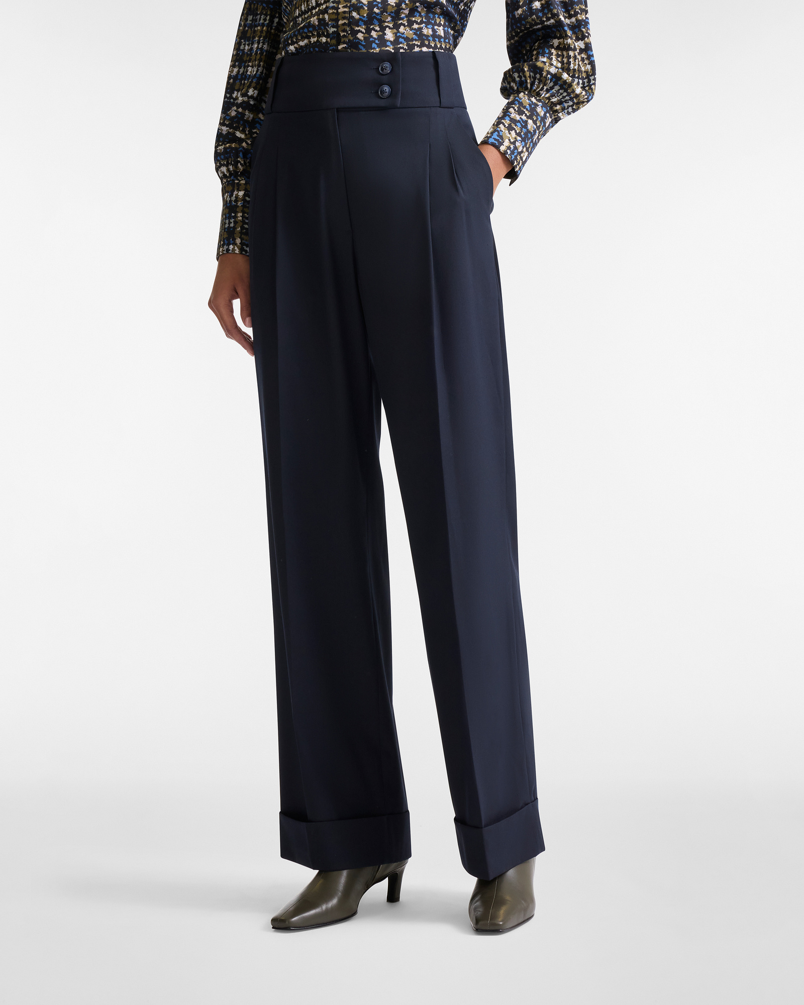 Fluid High-Waisted Trousers, Navy Blue, large image number 0