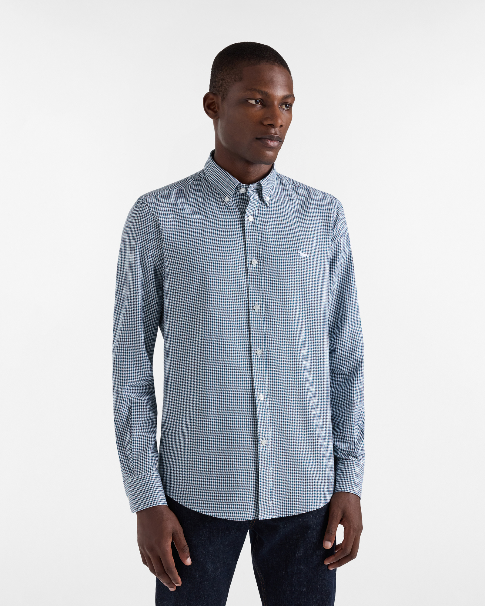 Camisa Pied-de-poule de Algodón, Azul Eléctrico, large