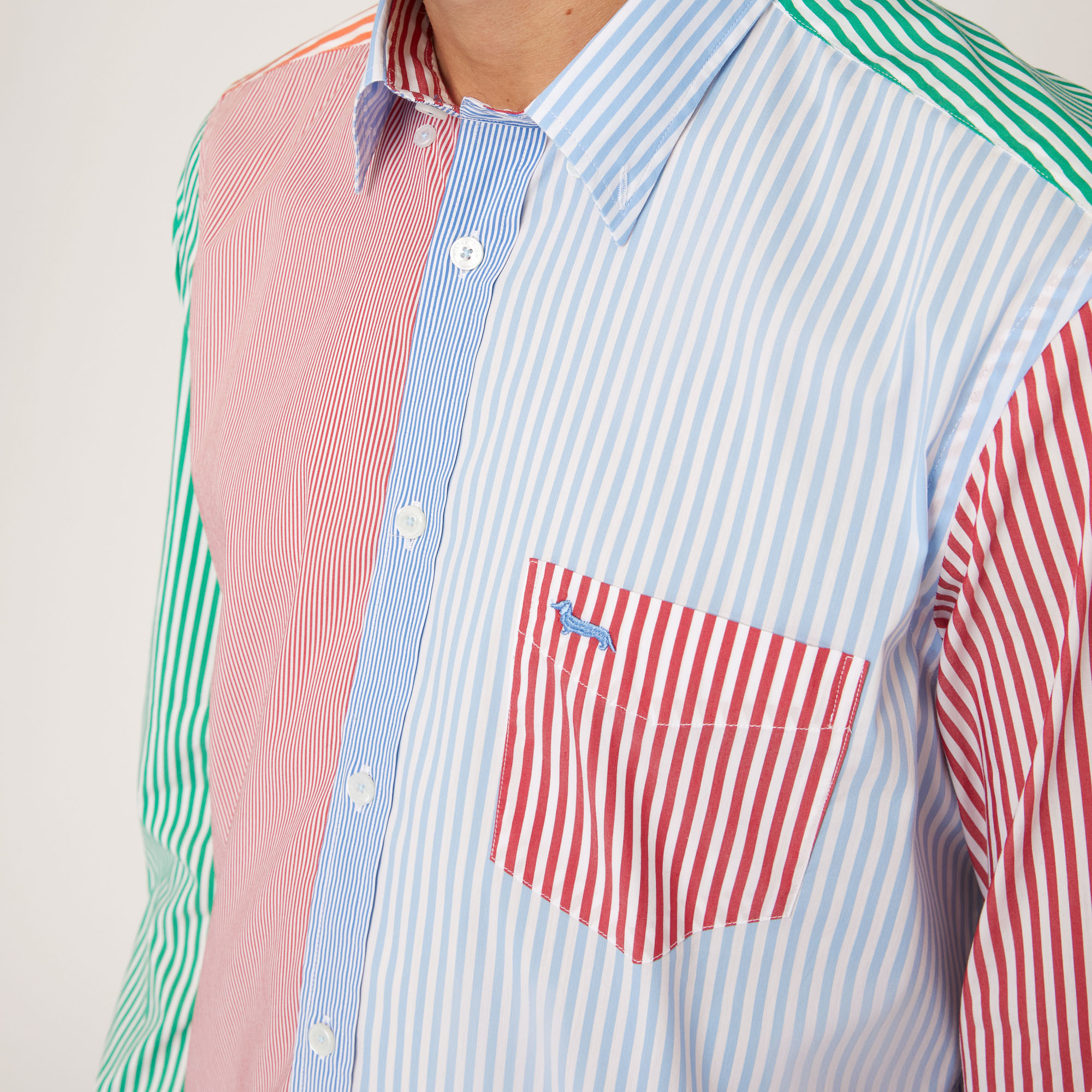 Camisa de algodón elástico a rayas con patchwork y bolsillo, Azul Eléctrico, large image number 2