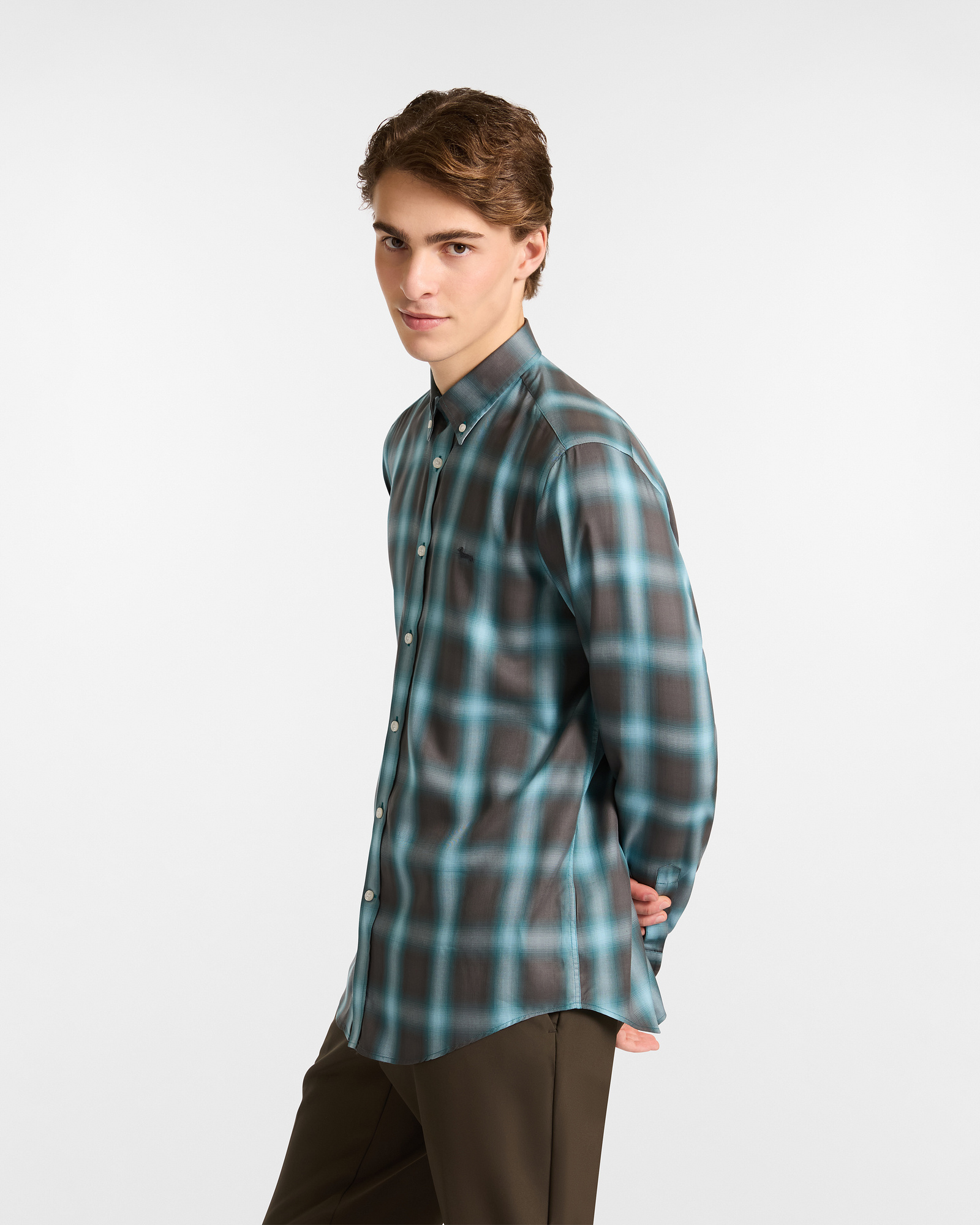 Check Lyocell Shirt, Navy Blue, large