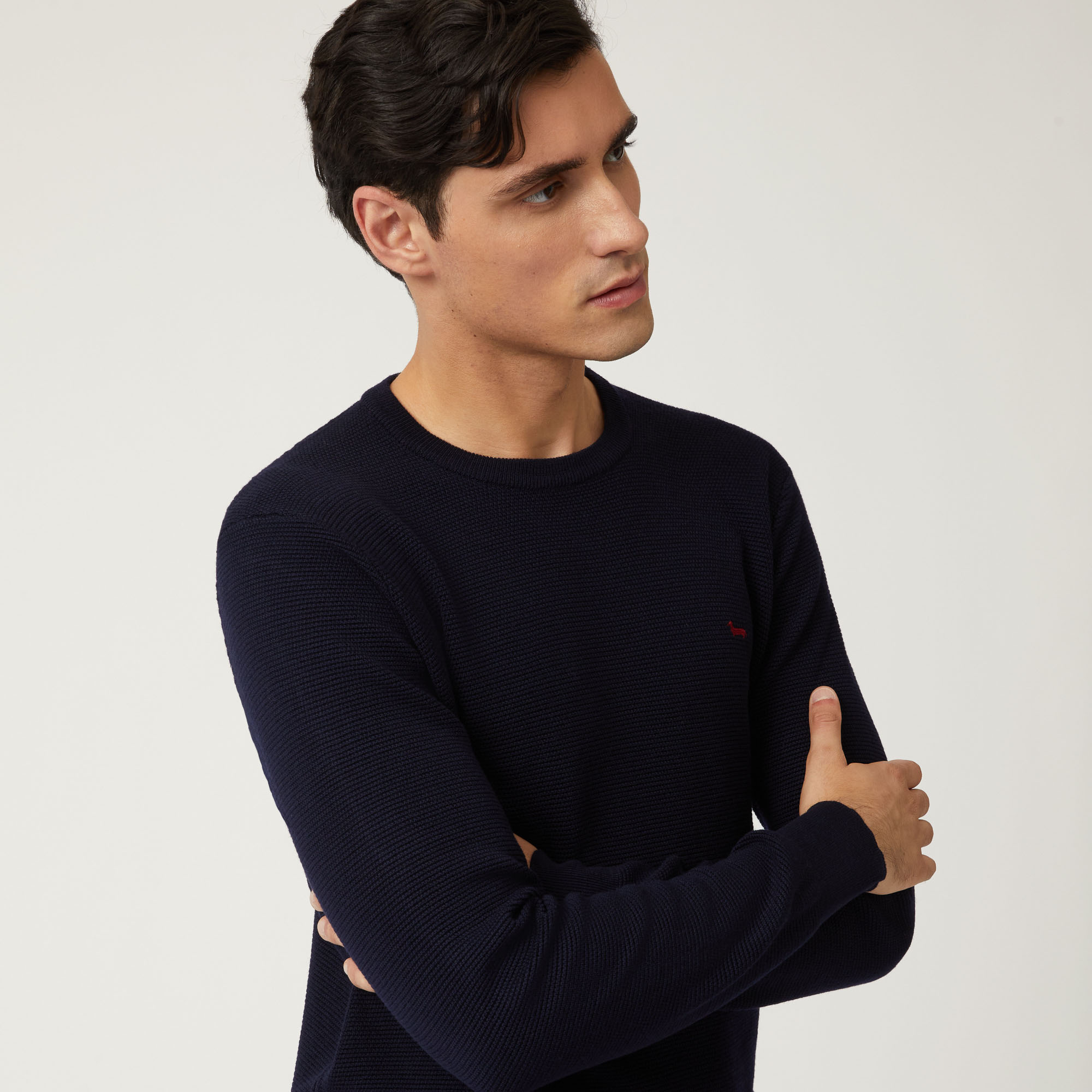 Pullover Girocollo In Lana Effetto Rilievo, Blu Navy, large image number 2