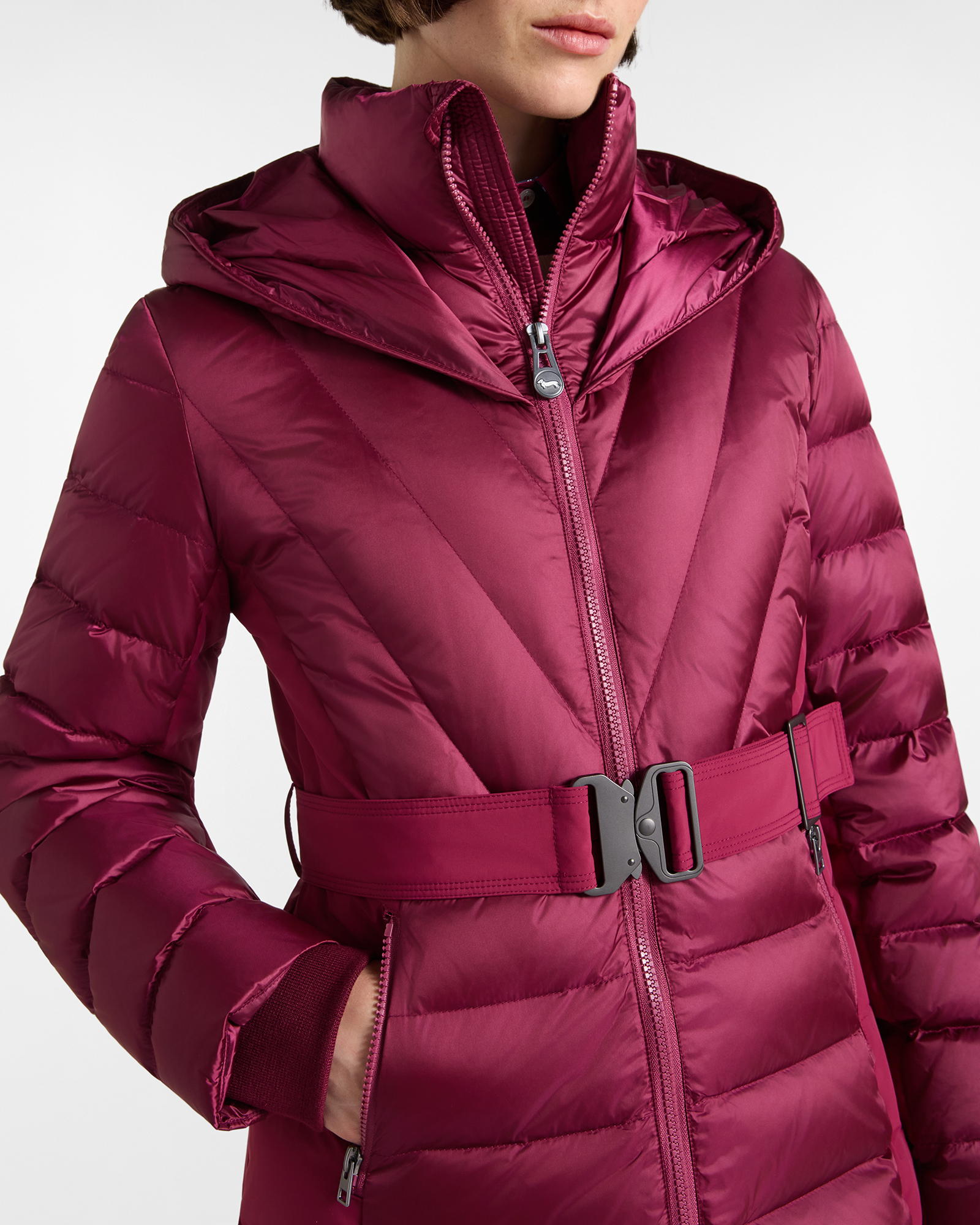 Women&rsquo;s down jacket with double collar and hood in technical nylon, INDIAN ROSE, large