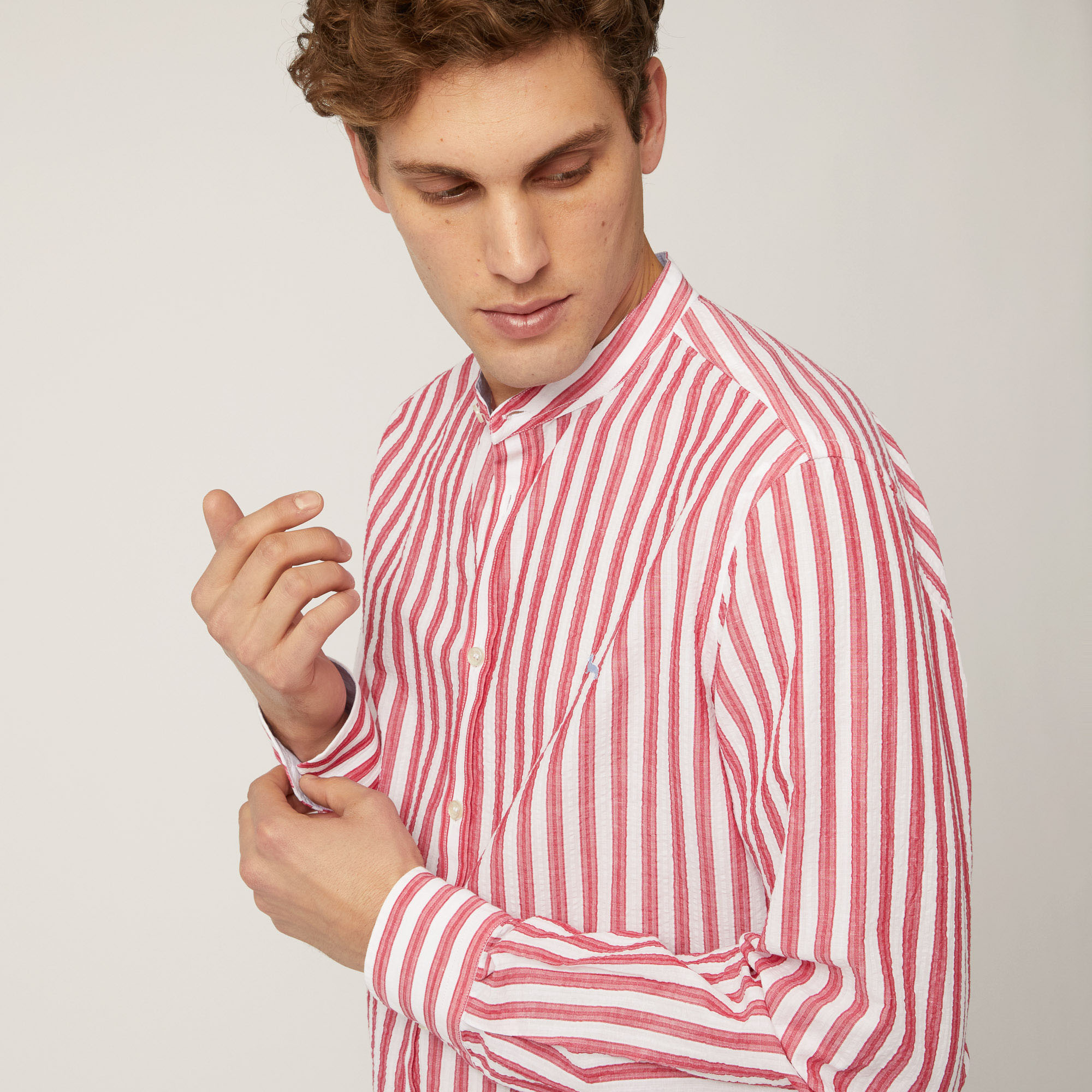 Linen and Cotton Striped Shirt with Mandarin Collar, Light Red, large image number 2