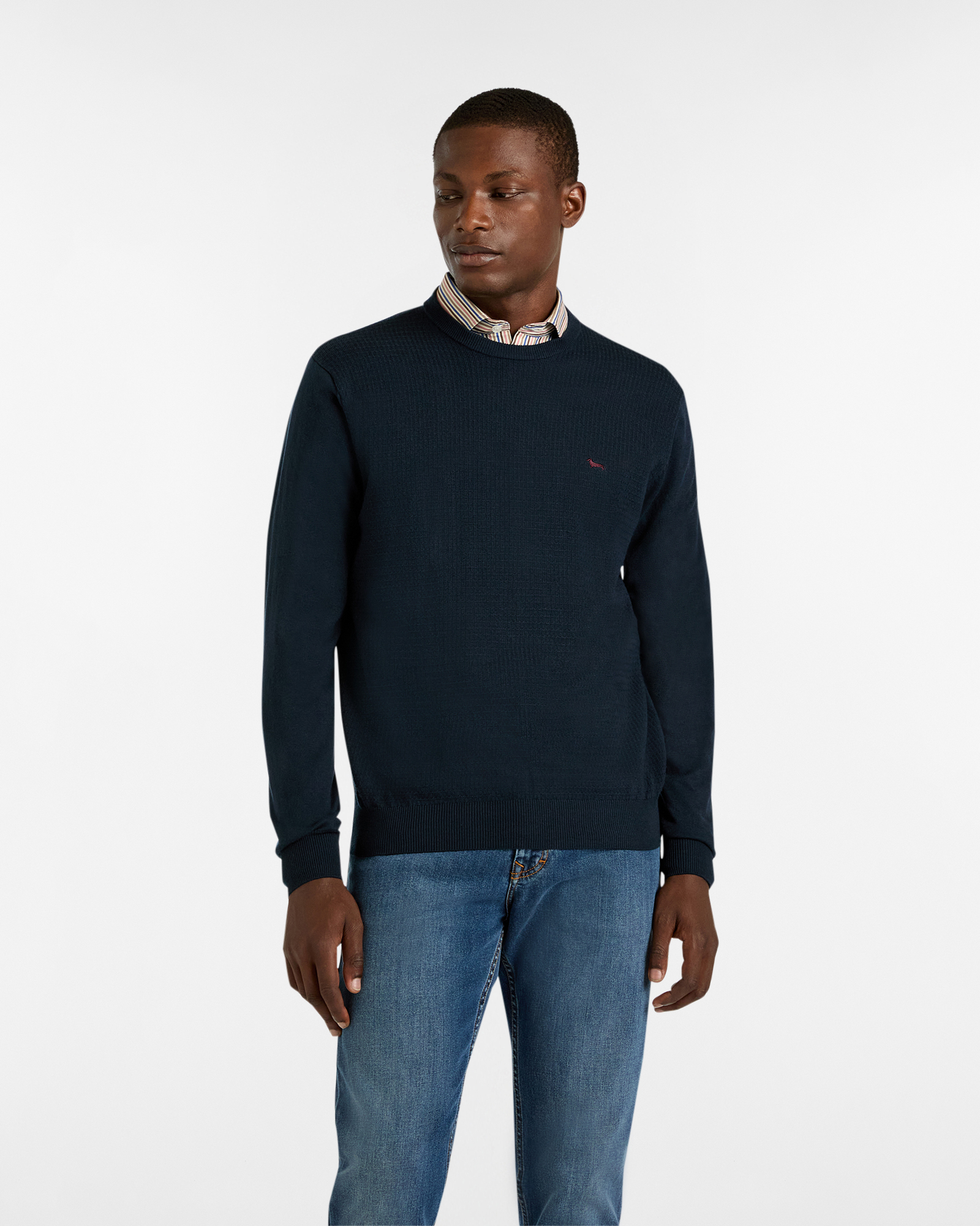 Check Pattern Knit Pullover, Navy Blue, large