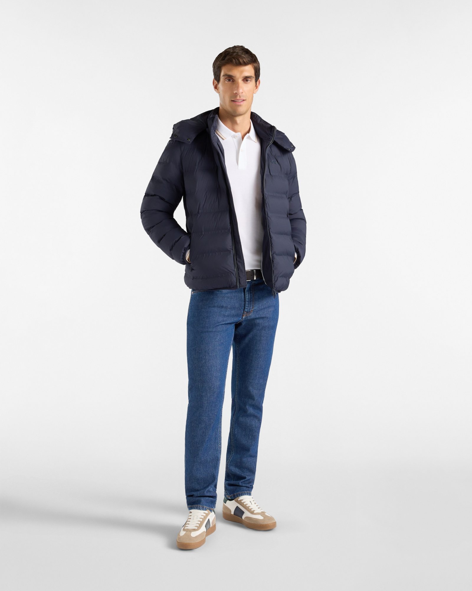 Men&rsquo;s Padded Bomber Jacket in Stretch Technical Nylon, NAVY BLUE, large