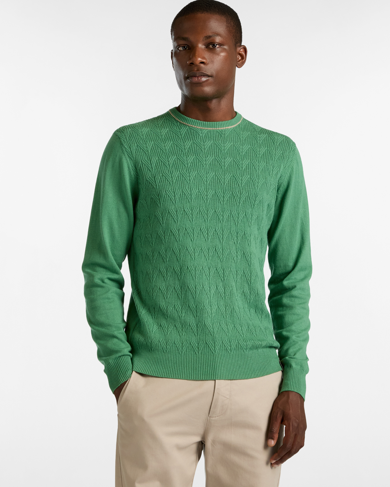 Crew Neck Sweater with Herringbone Stitch, Light Green, large