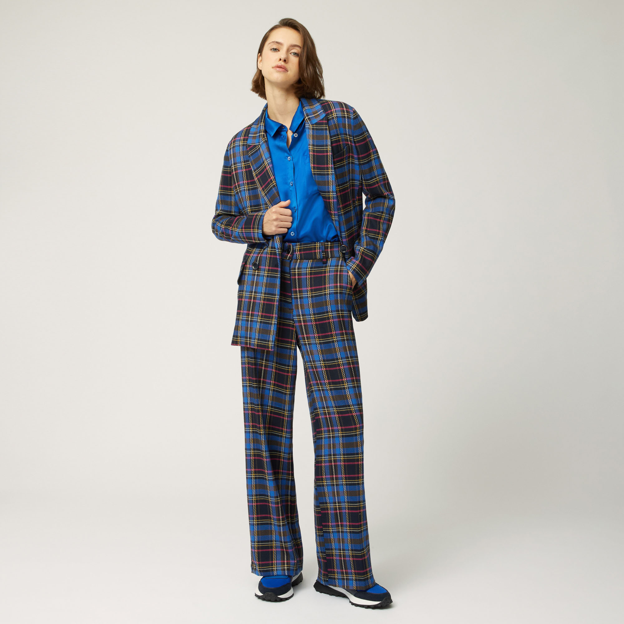 High-Waist Pants With Chequered Pattern, Blue, large image number 3