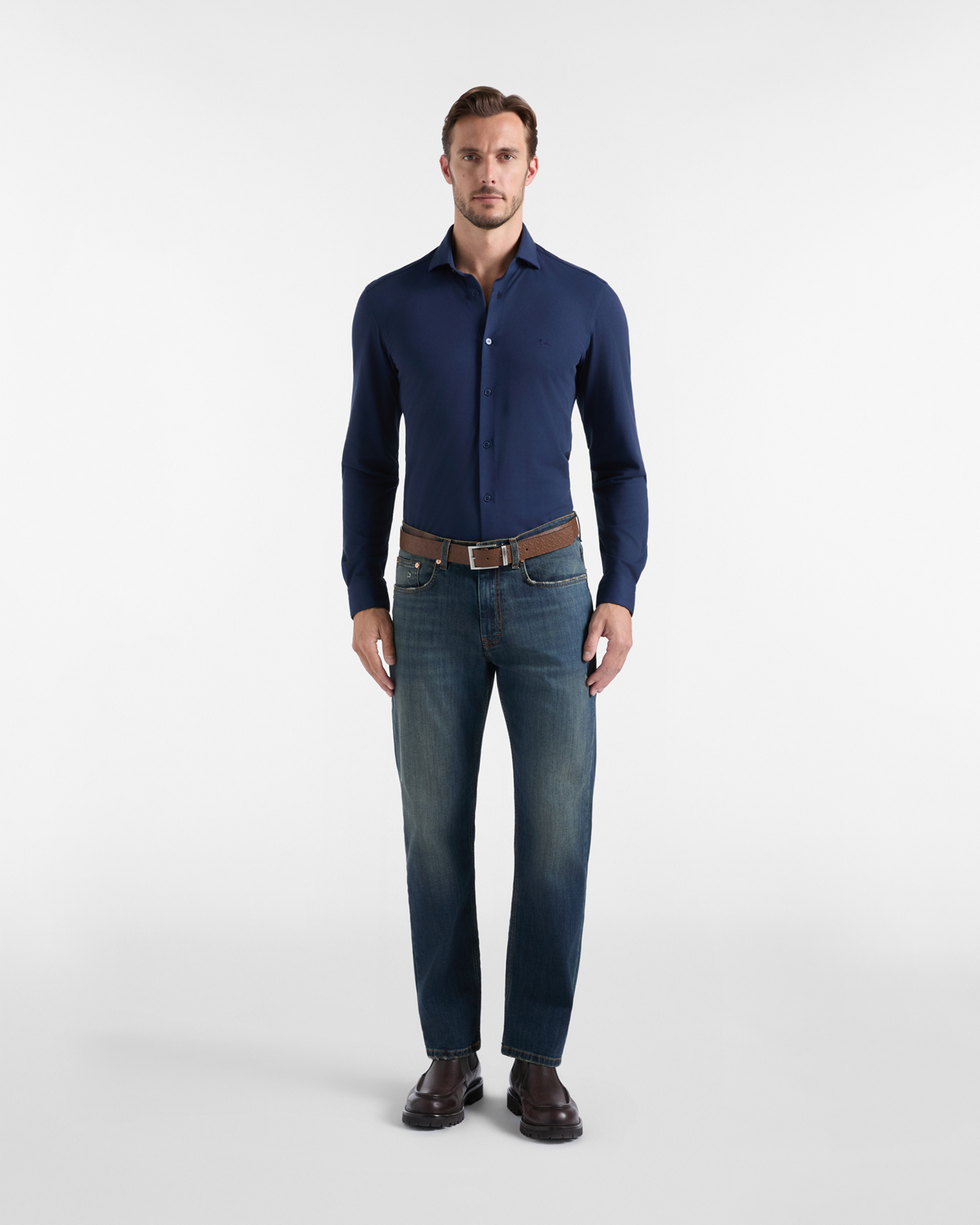 Men's narrow-fit shirt in solid dark  piqu&eacute;, NAVY BLUE, large image number 3