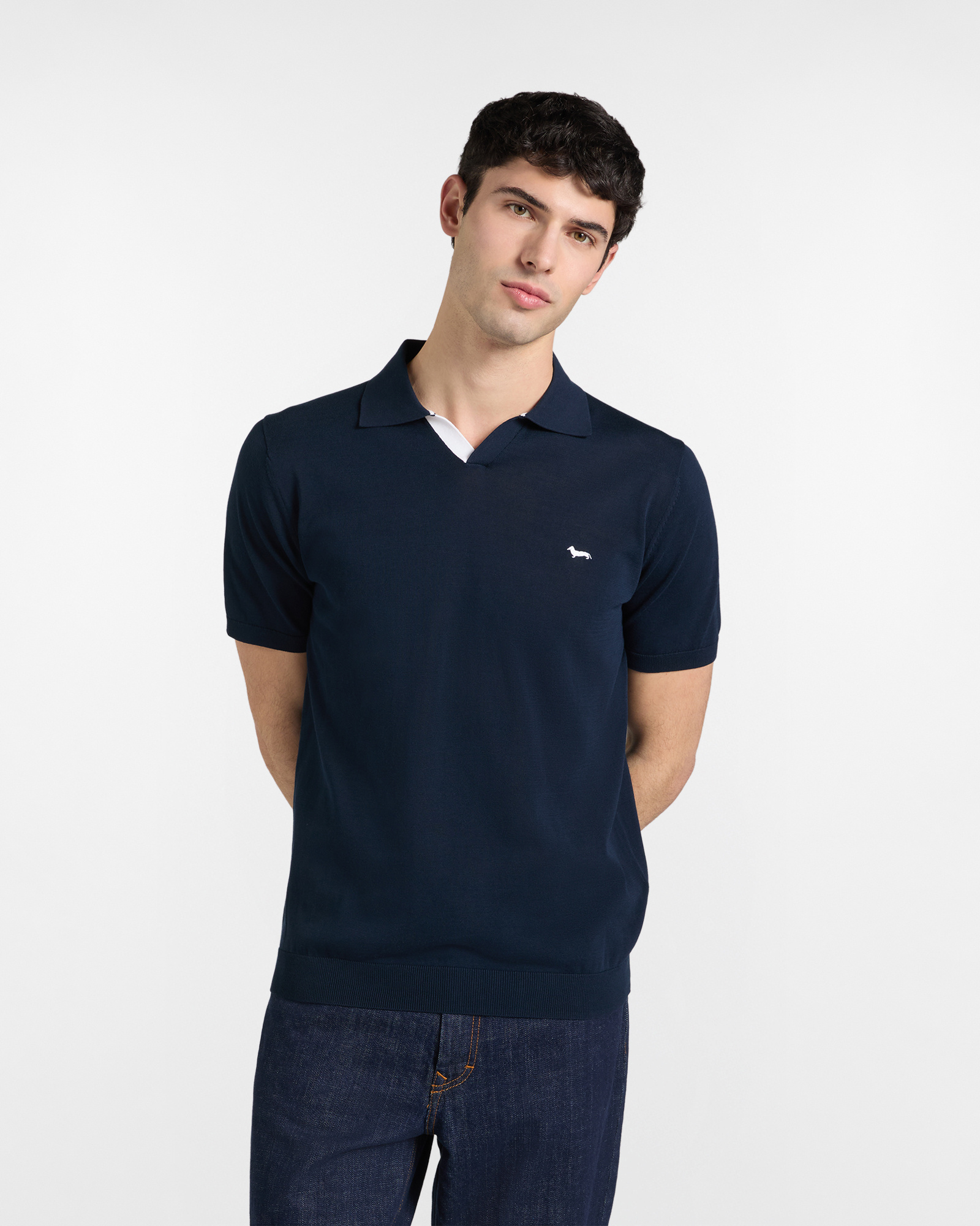 V-neck knit polo shirt, Blue, large