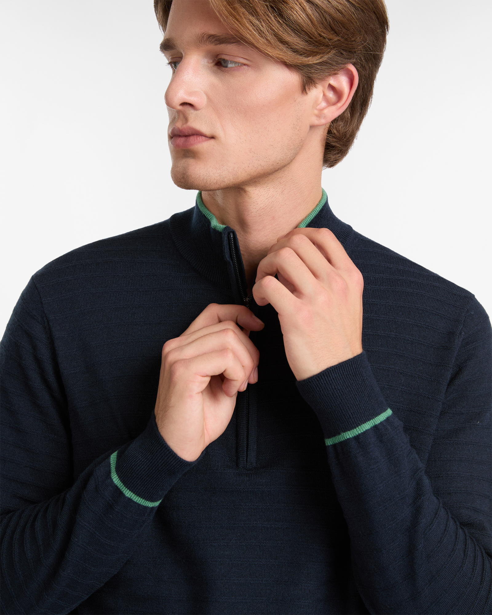 Half Zip Sweater with High Neck and Contrast Edges, Dark Blue, large image number 2