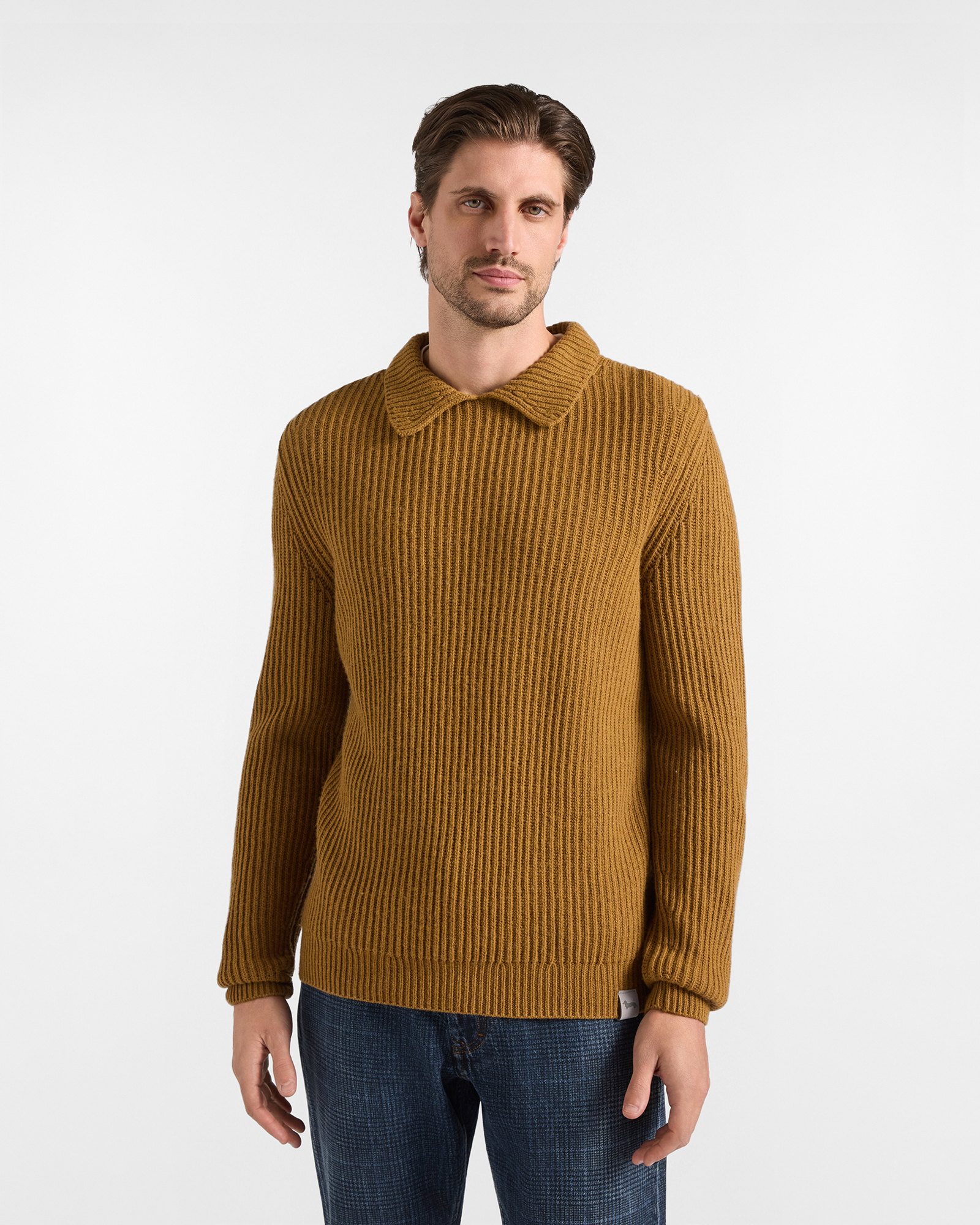 Pul&oacute;ver Hombre con cuello polo abotonado en mezcla de lana color marr&oacute;n Regular Fit Made in Italy