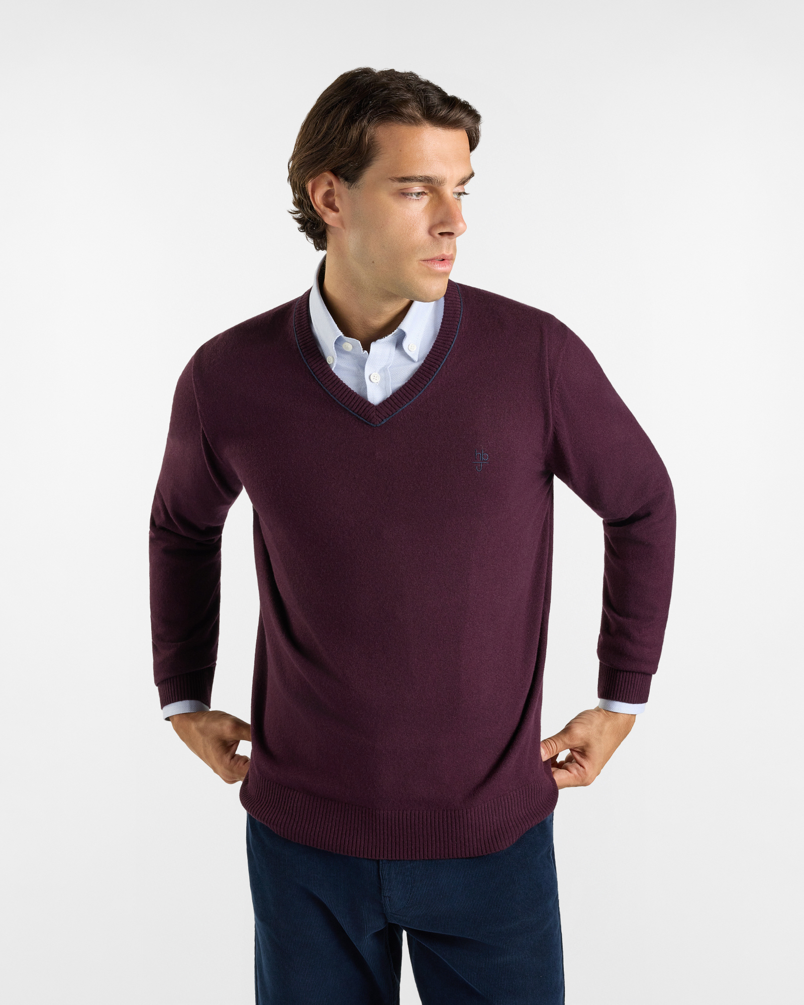 Maglia HBJ Uomo in Punto Cardato con Scollo a V in Misto Lana e Cashmere, PRUGNA, large