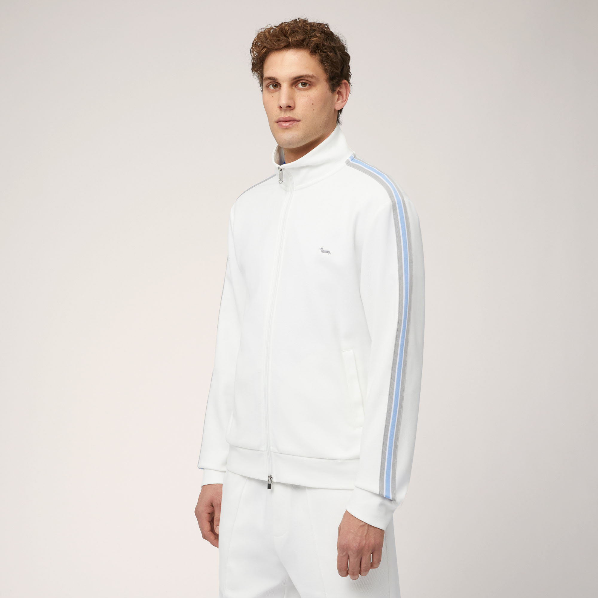 Stretch Cotton Full-Zip Sweatshirt with Striped Ribbon, White, large image number 0