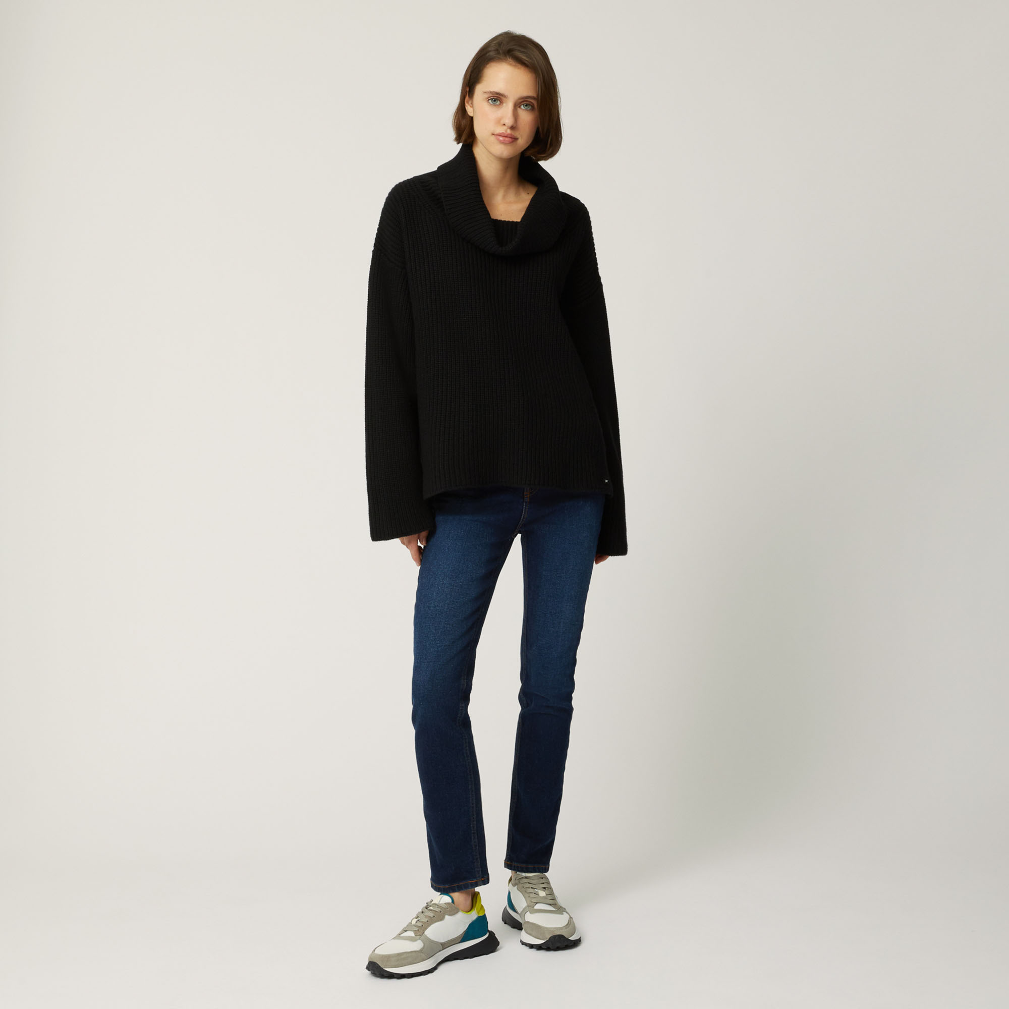 Pullover In Cashmere Con Collo Ad Anello, Nero, large image number 3