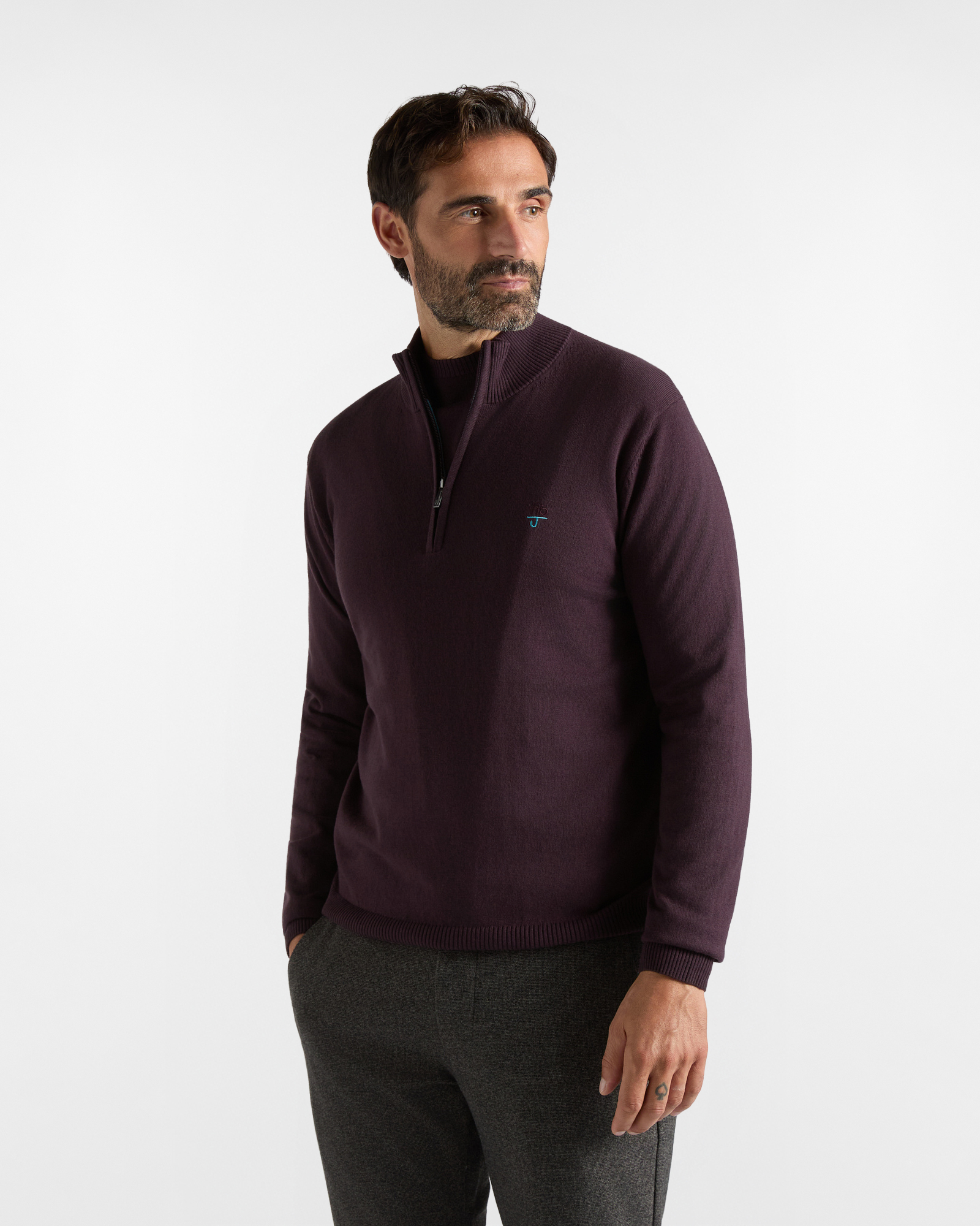 Maglia HBJ Uomo Half-Zip in Misto Lana e Cashmere, PRUGNA, large